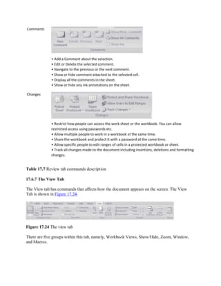 Comments
Changes
• Add a Comment about the selection.
• Edit or Delete the selected comment.
• Navigate to the previous or the next comment.
• Show or hide comment attached to the selected cell.
• Display all the comments in the sheet.
• Show or hide any ink annotations on the sheet.
• Restrict how people can access the work sheet or the workbook. You can allow
restricted access using passwords etc.
• Allow multiple people to work in a workbook at the same time.
• Share the workbook and protect it with a password at the same time.
• Allow specific people to edit ranges of cells in a protected workbook or sheet.
• Track all changes made to the document including insertions, deletions and formatting
changes.
Table 17.7 Review tab commands description
17.6.7 The View Tab
The View tab has commands that affects how the document appears on the screen. The View
Tab is shown in Figure 17.24.
Figure 17.24 The view tab
There are five groups within this tab, namely, Workbook Views, Show/Hide, Zoom, Window,
and Macros.
 