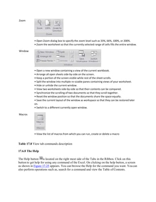 Zoom
Window
Macros
• Open Zoom dialog box to specify the zoom level such as 33%, 66%, 100%, or 200%.
• Zoom the worksheet so that the currently selected range of cells fills the entire window.
• Open a new window containing a view of the current workbook.
• Arrange all open sheets side-by-side on the screen.
• Keep a portion of the screen visible while rest of the sheet scrolls.
• Split the window into multiple re-sizable panes containing views of your worksheet.
• Hide or unhide the current window.
• View two worksheets side-by-side so that their contents can be compared.
• Synchronize the scrolling of two documents so that they scroll together.
• Reset the window position so that the documents share the space equally.
• Save the current layout of the window as workspace so that they can be restored later
on.
• Switch to a different currently open window.
• View the list of macros from which you can run, create or delete a macro
Table 17.8 View tab commands description
17.6.8 The Help
The Help button is located on the right most side of the Tabs in the Ribbon. Click on this
button to get help for using any command of the Excel. On clicking on the help button, a screen
as shown in Figure 17.25 appears. You can browse the Help for the command you want. Youcan
also perform operations such as, search for a command and view the Table of Contents.
 