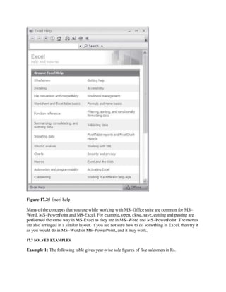 Figure 17.25 Excel help
Many of the concepts that you use while working with MS–Office suite are common for MS–
Word, MS–PowerPoint and MS-Excel. For example, open, close, save, cutting and pasting are
performed the same way in MS-Excel as they are in MS–Word and MS–PowerPoint. The menus
are also arranged in a similar layout. If you are not sure how to do something in Excel, then try it
as you would do in MS–Word or MS–PowerPoint, and it may work.
17.7 SOLVED EXAMPLES
Example 1: The following table gives year-wise sale figures of five salesmen in Rs.
 