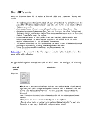 Figure 18.12 The home tab
There are six groups within this tab, namely, Clipboard, Slides, Font, Paragraph, Drawing, and
Editing.
 The Clipboard group contains commands to cut, copy, and paste text. The Format Painter is also
present here. The Clipboard commands are used in the same manner as one uses the MS-Word
Clipboard commands.
 Slides group allows to select a theme and layout for a slide, reset a slide or delete aslide.
 Font group commands allows change of the Font—font face, style, size, effects (Strikethrough,
Shadow etc.), color, and character spacing. These options can be changed, before or aftertyping
the text. If case of after, select the text first.
 Paragraph group is used to change paragraph setting—alignment, indents, spacing, and
pagination like Spacing 1.5, Double Spacing, Indentation, and, Spacing Before and After a
Heading. Move the cursor to a line which needs to be changed.
 The Drawing group allows the quick selection from the in-built shapes, arranging the order and
grouping the objects, filling, outlining, and adding effects to the shape.
 Editing group contains commands to select, and, find and replace text.
Table 18.2 gives the commands in the different groups (in left to right order) of the Home Tab
along with a brief explanation.
To apply formatting to an already written text, first select the text and then apply the formatting.
Home Tab
Groups
Clipboard
Description
• Paste the cut or copied information in Clipboard at the location where cursor is pointing
right now (Paste Special—To paste in a particular format. Paste as Hyperlink—Used with
copy to paste the copied information as a hyperlink. Duplicate—To duplicate a slide)
Clipboard.
• Cut removes the selected text from the presentation and puts into Clipboard for later
retrieval.
• Copy copies the selected item or text and puts it on the Clipboard.
• Format painter copies formatting from one place and apply to another (To applysame
formatting to many places, double-click the format painter button)
 