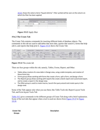 19.13, shows the select criteria “Equals Ashima”. Filter symbol will be seen on the column on
which the filter has been applied.
Figure 19.13 Apply filter
19.6.2 The Create Tab
The Create Tab contains commands for inserting different kinds of database objects. The
commands in this tab are used to add tables that store data, queries that search it, forms that help
edit it, and reports that help print it. Figure 19.14 shows the Create Tab.
Figure 19.14 The create tab
There are four groups within this tab, namely, Tables, Forms, Report, and Other.
 Tables allow creation of a new table in Design view, using a table template, and creation of
Share-Point lists.
 Forms group allows working with forms like create a form, split a form, and design aform.
 The Reports group allows working with reports like create a blank report and customized report,
and to create a report in the design view.
 The Other group is used to create macros, launch the query wizard and create query in the
design view.
Some of the Tabs appear only when you use them; like Table Tools tab, Report Layout Tools
Tab, and Form layout Tools Tab
Table 19.3 gives commands in the different groups of Create Tab along with a brief explanation.
Some of the tool tabs that appear when a tool is used are shown from Figure 19.15 to Figure
19.18.
Create Tab
Groups
Description
 