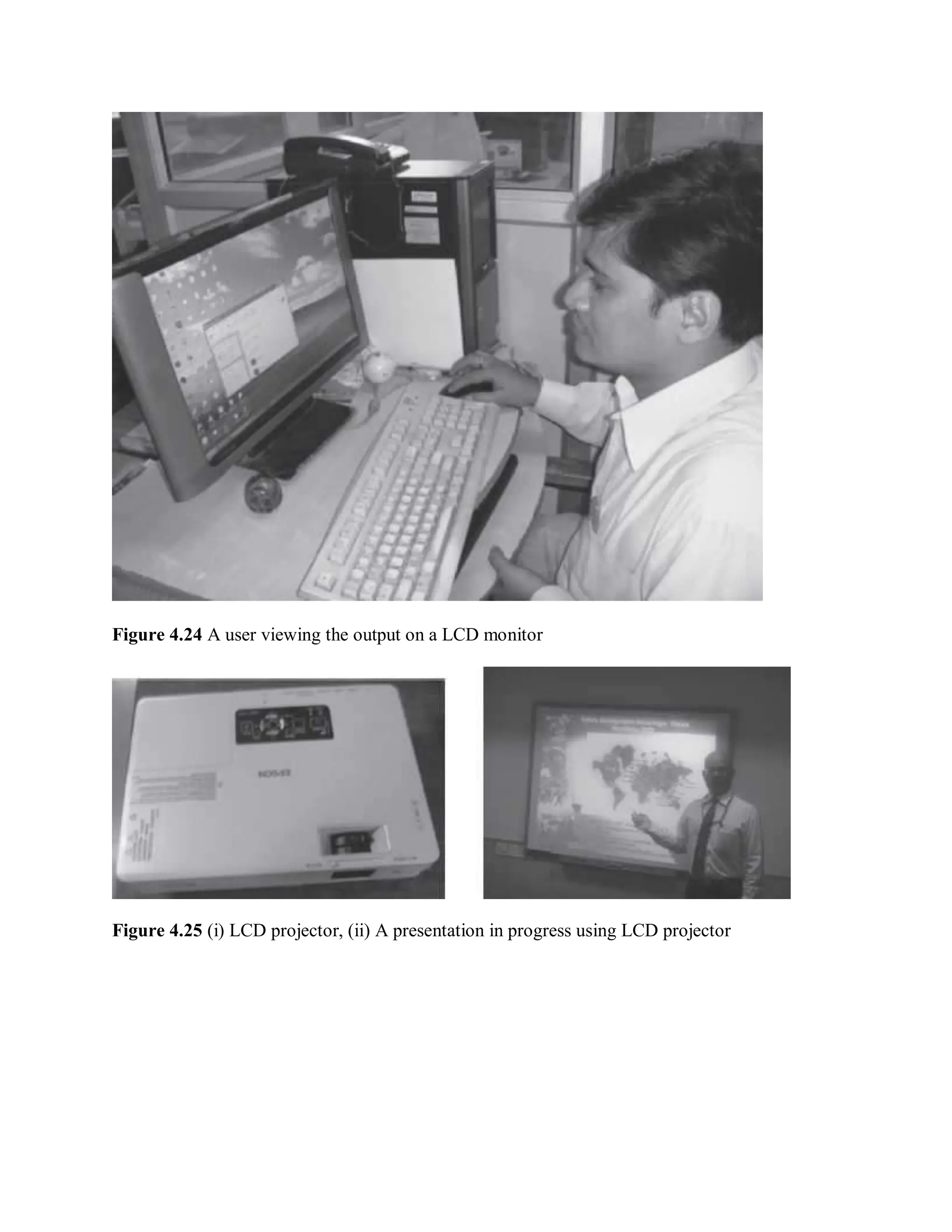 Figure 4.24 A user viewing the output on a LCD monitor
Figure 4.25 (i) LCD projector, (ii) A presentation in progress using LCD projector
 
