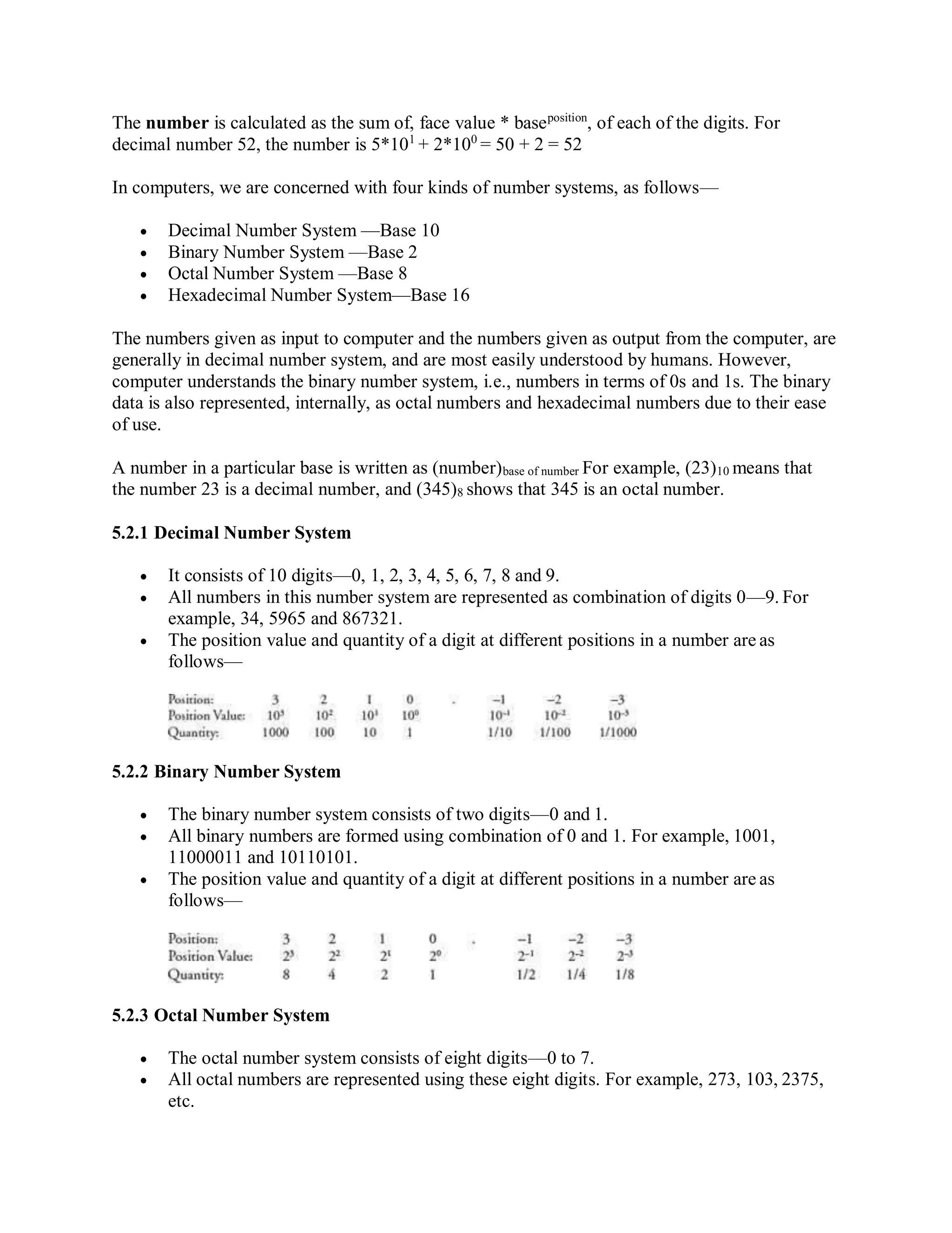 The number is calculated as the sum of, face value * baseposition
, of each of the digits. For
decimal number 52, the number is 5*101
+ 2*100
= 50 + 2 = 52
In computers, we are concerned with four kinds of number systems, as follows—
 Decimal Number System —Base 10
 Binary Number System —Base 2
 Octal Number System —Base 8
 Hexadecimal Number System—Base 16
The numbers given as input to computer and the numbers given as output from the computer, are
generally in decimal number system, and are most easily understood by humans. However,
computer understands the binary number system, i.e., numbers in terms of 0s and 1s. The binary
data is also represented, internally, as octal numbers and hexadecimal numbers due to their ease
of use.
A number in a particular base is written as (number)base of number For example, (23)10 means that
the number 23 is a decimal number, and (345)8 shows that 345 is an octal number.
5.2.1 Decimal Number System
 It consists of 10 digits—0, 1, 2, 3, 4, 5, 6, 7, 8 and 9.
 All numbers in this number system are represented as combination of digits 0—9. For
example, 34, 5965 and 867321.
 The position value and quantity of a digit at different positions in a number are as
follows—
5.2.2 Binary Number System
 The binary number system consists of two digits—0 and 1.
 All binary numbers are formed using combination of 0 and 1. For example, 1001,
11000011 and 10110101.
 The position value and quantity of a digit at different positions in a number are as
follows—
5.2.3 Octal Number System
 The octal number system consists of eight digits—0 to 7.
 All octal numbers are represented using these eight digits. For example, 273, 103, 2375,
etc.
 