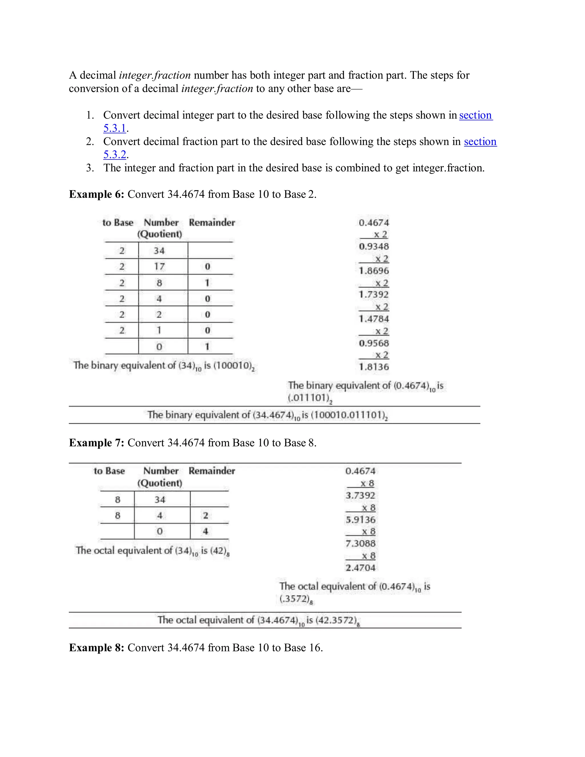 A decimal integer.fraction number has both integer part and fraction part. The steps for
conversion of a decimal integer.fraction to any other base are—
1. Convert decimal integer part to the desired base following the steps shown in section
5.3.1.
2. Convert decimal fraction part to the desired base following the steps shown in section
5.3.2.
3. The integer and fraction part in the desired base is combined to get integer.fraction.
Example 6: Convert 34.4674 from Base 10 to Base 2.
Example 7: Convert 34.4674 from Base 10 to Base 8.
Example 8: Convert 34.4674 from Base 10 to Base 16.
 
