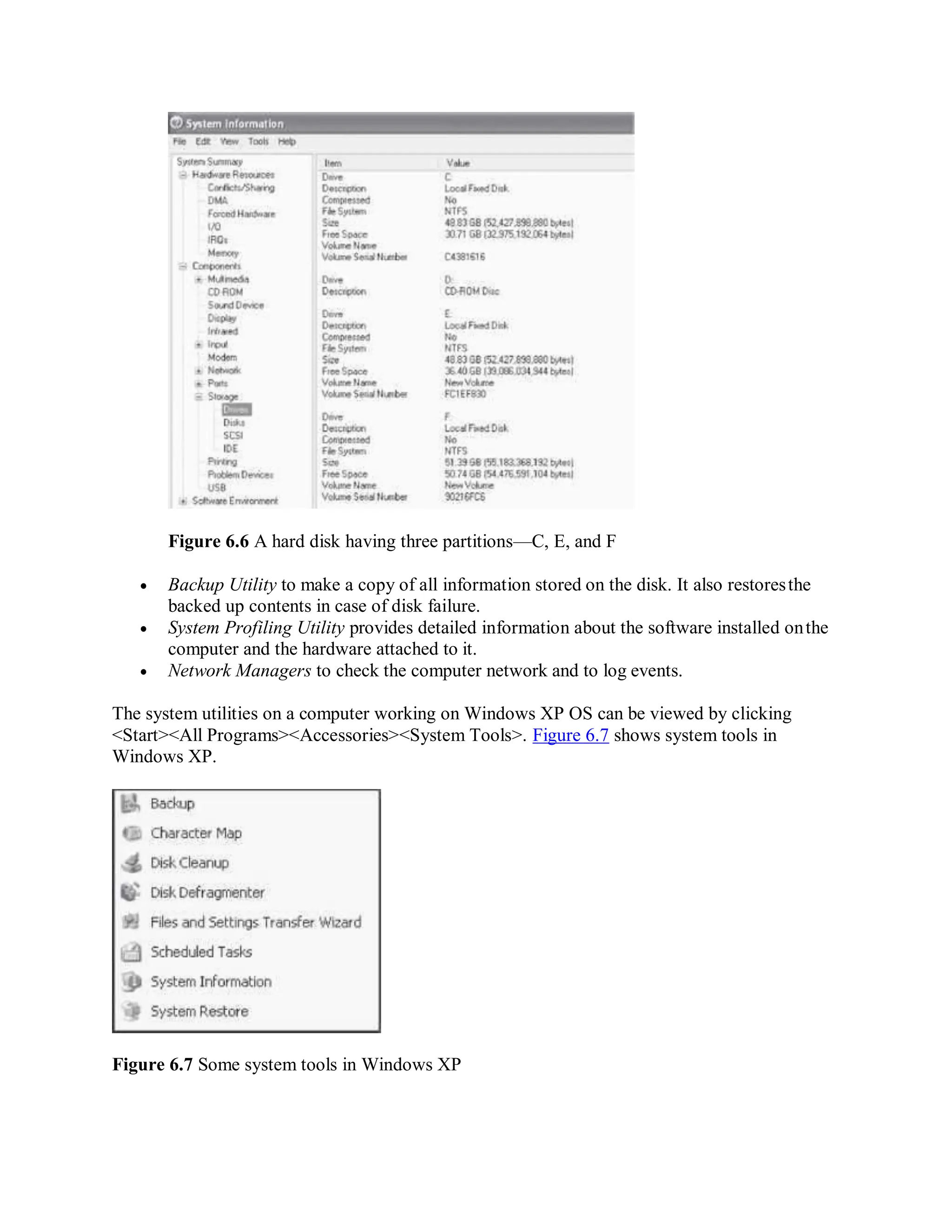 Figure 6.6 A hard disk having three partitions—C, E, and F
 Backup Utility to make a copy of all information stored on the disk. It also restoresthe
backed up contents in case of disk failure.
 System Profiling Utility provides detailed information about the software installed onthe
computer and the hardware attached to it.
 Network Managers to check the computer network and to log events.
The system utilities on a computer working on Windows XP OS can be viewed by clicking
<Start><All Programs><Accessories><System Tools>. Figure 6.7 shows system tools in
Windows XP.
Figure 6.7 Some system tools in Windows XP
 