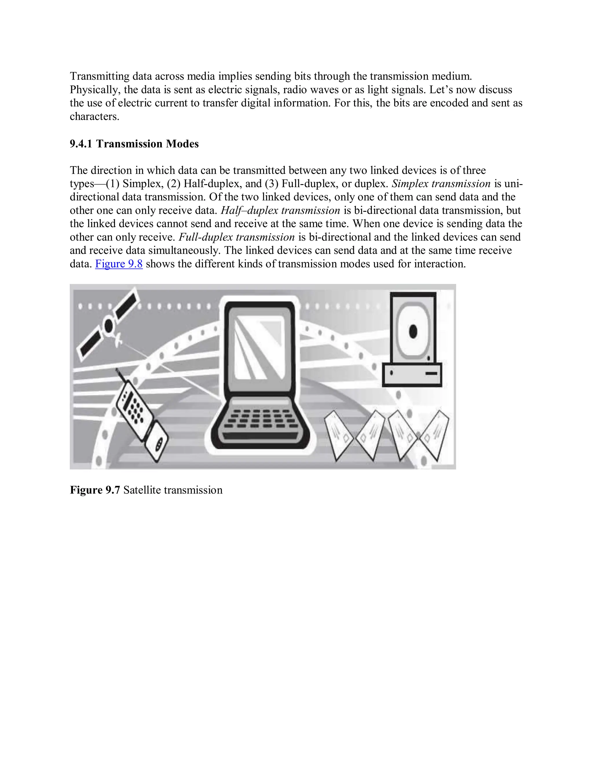 Transmitting data across media implies sending bits through the transmission medium.
Physically, the data is sent as electric signals, radio waves or as light signals. Let’s now discuss
the use of electric current to transfer digital information. For this, the bits are encoded and sent as
characters.
9.4.1 Transmission Modes
The direction in which data can be transmitted between any two linked devices is of three
types—(1) Simplex, (2) Half-duplex, and (3) Full-duplex, or duplex. Simplex transmission is uni-
directional data transmission. Of the two linked devices, only one of them can send data and the
other one can only receive data. Half–duplex transmission is bi-directional data transmission, but
the linked devices cannot send and receive at the same time. When one device is sending data the
other can only receive. Full-duplex transmission is bi-directional and the linked devices can send
and receive data simultaneously. The linked devices can send data and at the same time receive
data. Figure 9.8 shows the different kinds of transmission modes used for interaction.
Figure 9.7 Satellite transmission
 