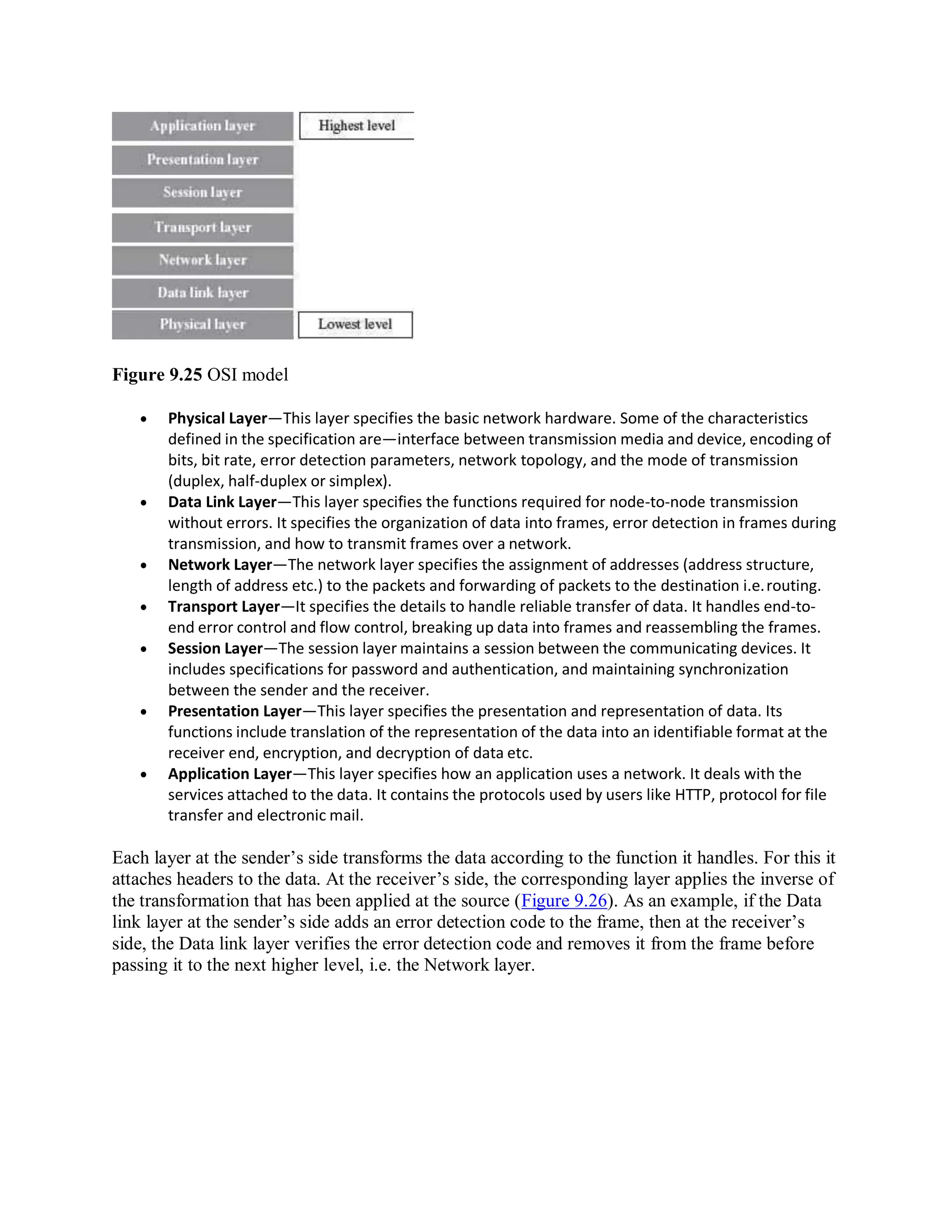 Figure 9.25 OSI model
 Physical Layer—This layer specifies the basic network hardware. Some of the characteristics
defined in the specification are—interface between transmission media and device, encoding of
bits, bit rate, error detection parameters, network topology, and the mode of transmission
(duplex, half-duplex or simplex).
 Data Link Layer—This layer specifies the functions required for node-to-node transmission
without errors. It specifies the organization of data into frames, error detection in frames during
transmission, and how to transmit frames over a network.
 Network Layer—The network layer specifies the assignment of addresses (address structure,
length of address etc.) to the packets and forwarding of packets to the destination i.e.routing.
 Transport Layer—It specifies the details to handle reliable transfer of data. It handles end-to-
end error control and flow control, breaking up data into frames and reassembling the frames.
 Session Layer—The session layer maintains a session between the communicating devices. It
includes specifications for password and authentication, and maintaining synchronization
between the sender and the receiver.
 Presentation Layer—This layer specifies the presentation and representation of data. Its
functions include translation of the representation of the data into an identifiable format at the
receiver end, encryption, and decryption of data etc.
 Application Layer—This layer specifies how an application uses a network. It deals with the
services attached to the data. It contains the protocols used by users like HTTP, protocol for file
transfer and electronic mail.
Each layer at the sender’s side transforms the data according to the function it handles. For this it
attaches headers to the data. At the receiver’s side, the corresponding layer applies the inverse of
the transformation that has been applied at the source (Figure 9.26). As an example, if the Data
link layer at the sender’s side adds an error detection code to the frame, then at the receiver’s
side, the Data link layer verifies the error detection code and removes it from the frame before
passing it to the next higher level, i.e. the Network layer.
 