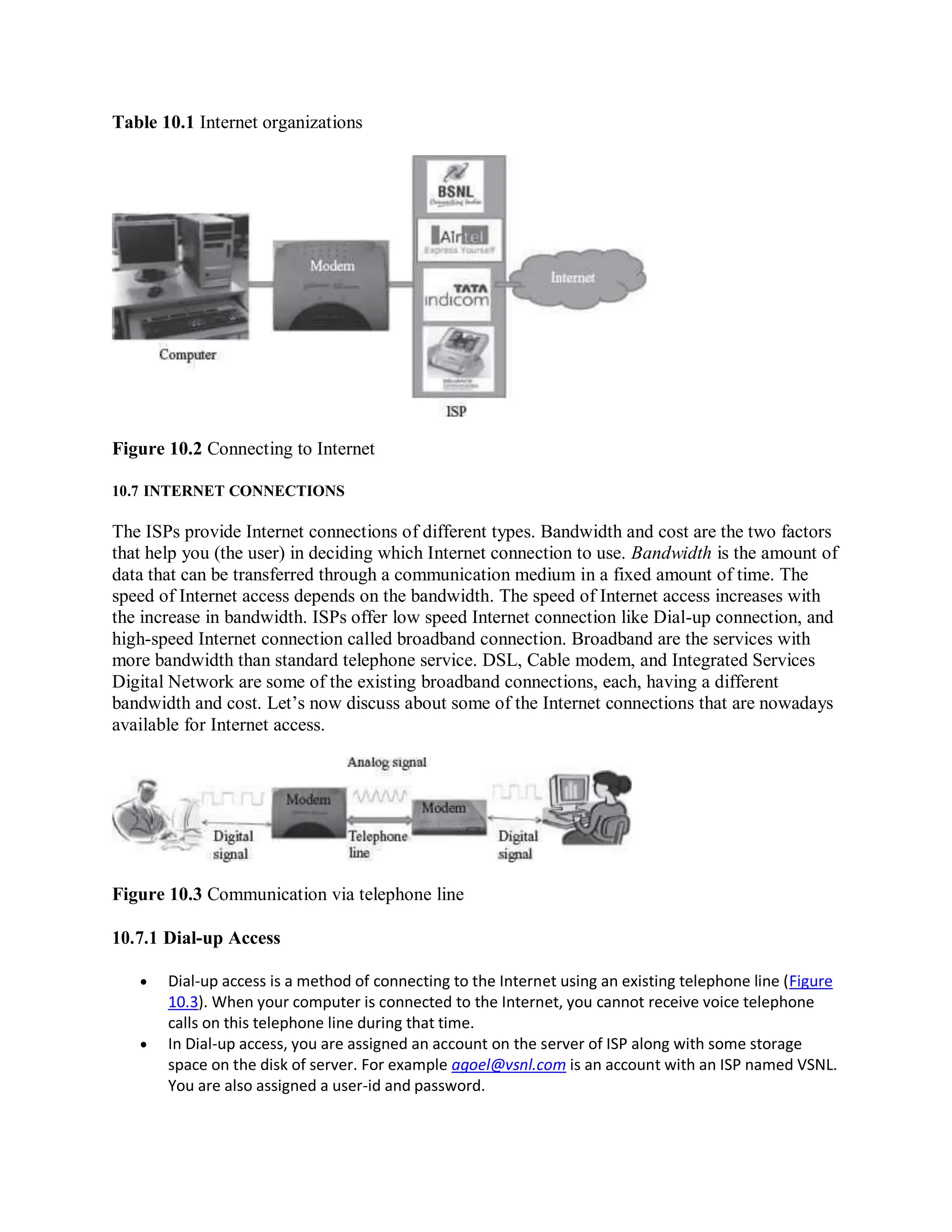 Table 10.1 Internet organizations
Figure 10.2 Connecting to Internet
10.7 INTERNET CONNECTIONS
The ISPs provide Internet connections of different types. Bandwidth and cost are the two factors
that help you (the user) in deciding which Internet connection to use. Bandwidth is the amount of
data that can be transferred through a communication medium in a fixed amount of time. The
speed of Internet access depends on the bandwidth. The speed of Internet access increases with
the increase in bandwidth. ISPs offer low speed Internet connection like Dial-up connection, and
high-speed Internet connection called broadband connection. Broadband are the services with
more bandwidth than standard telephone service. DSL, Cable modem, and Integrated Services
Digital Network are some of the existing broadband connections, each, having a different
bandwidth and cost. Let’s now discuss about some of the Internet connections that are nowadays
available for Internet access.
Figure 10.3 Communication via telephone line
10.7.1 Dial-up Access
 Dial-up access is a method of connecting to the Internet using an existing telephone line (Figure
10.3). When your computer is connected to the Internet, you cannot receive voice telephone
calls on this telephone line during that time.
 In Dial-up access, you are assigned an account on the server of ISP along with some storage
space on the disk of server. For example agoel@vsnl.com is an account with an ISP named VSNL.
You are also assigned a user-id and password.
 