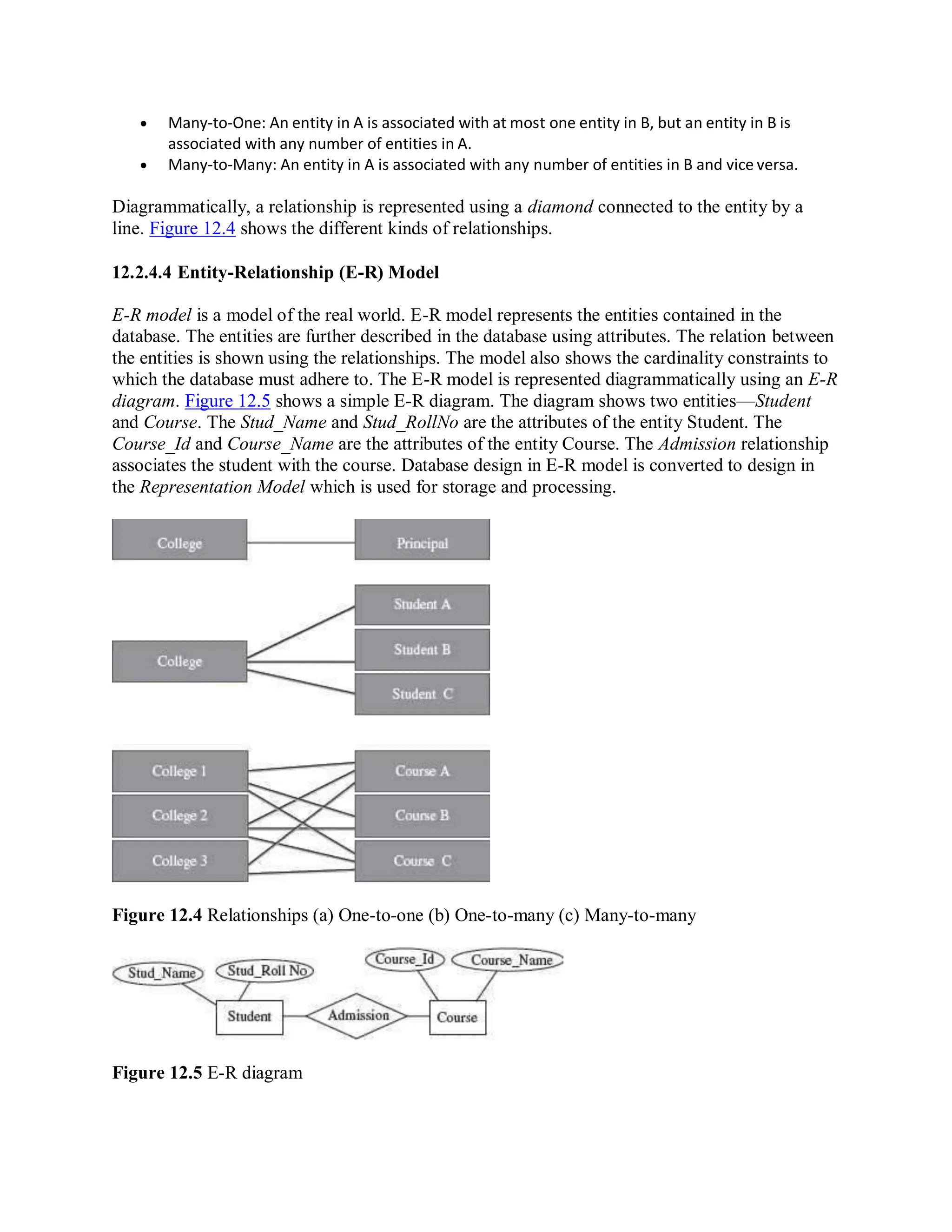  Many-to-One: An entity in A is associated with at most one entity in B, but an entity in B is
associated with any number of entities in A.
 Many-to-Many: An entity in A is associated with any number of entities in B and vice versa.
Diagrammatically, a relationship is represented using a diamond connected to the entity by a
line. Figure 12.4 shows the different kinds of relationships.
12.2.4.4 Entity-Relationship (E-R) Model
E-R model is a model of the real world. E-R model represents the entities contained in the
database. The entities are further described in the database using attributes. The relation between
the entities is shown using the relationships. The model also shows the cardinality constraints to
which the database must adhere to. The E-R model is represented diagrammatically using an E-R
diagram. Figure 12.5 shows a simple E-R diagram. The diagram shows two entities—Student
and Course. The Stud_Name and Stud_RollNo are the attributes of the entity Student. The
Course_Id and Course_Name are the attributes of the entity Course. The Admission relationship
associates the student with the course. Database design in E-R model is converted to design in
the Representation Model which is used for storage and processing.
Figure 12.4 Relationships (a) One-to-one (b) One-to-many (c) Many-to-many
Figure 12.5 E-R diagram
 