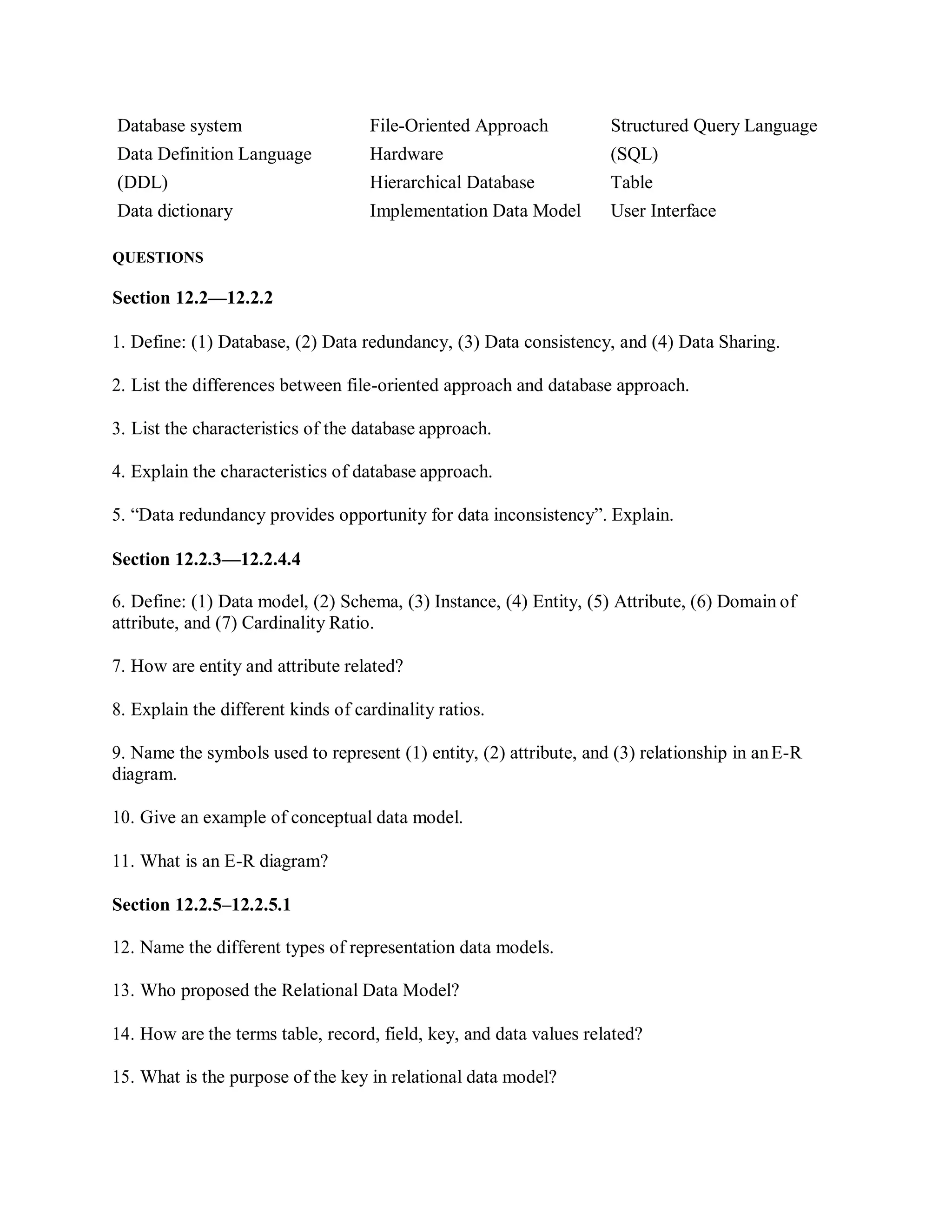 Database system File-Oriented Approach Structured Query Language
Data Definition Language Hardware (SQL)
(DDL) Hierarchical Database Table
Data dictionary Implementation Data Model User Interface
QUESTIONS
Section 12.2—12.2.2
1. Define: (1) Database, (2) Data redundancy, (3) Data consistency, and (4) Data Sharing.
2. List the differences between file-oriented approach and database approach.
3. List the characteristics of the database approach.
4. Explain the characteristics of database approach.
5. “Data redundancy provides opportunity for data inconsistency”. Explain.
Section 12.2.3—12.2.4.4
6. Define: (1) Data model, (2) Schema, (3) Instance, (4) Entity, (5) Attribute, (6) Domain of
attribute, and (7) Cardinality Ratio.
7. How are entity and attribute related?
8. Explain the different kinds of cardinality ratios.
9. Name the symbols used to represent (1) entity, (2) attribute, and (3) relationship in anE-R
diagram.
10. Give an example of conceptual data model.
11. What is an E-R diagram?
Section 12.2.5–12.2.5.1
12. Name the different types of representation data models.
13. Who proposed the Relational Data Model?
14. How are the terms table, record, field, key, and data values related?
15. What is the purpose of the key in relational data model?
 