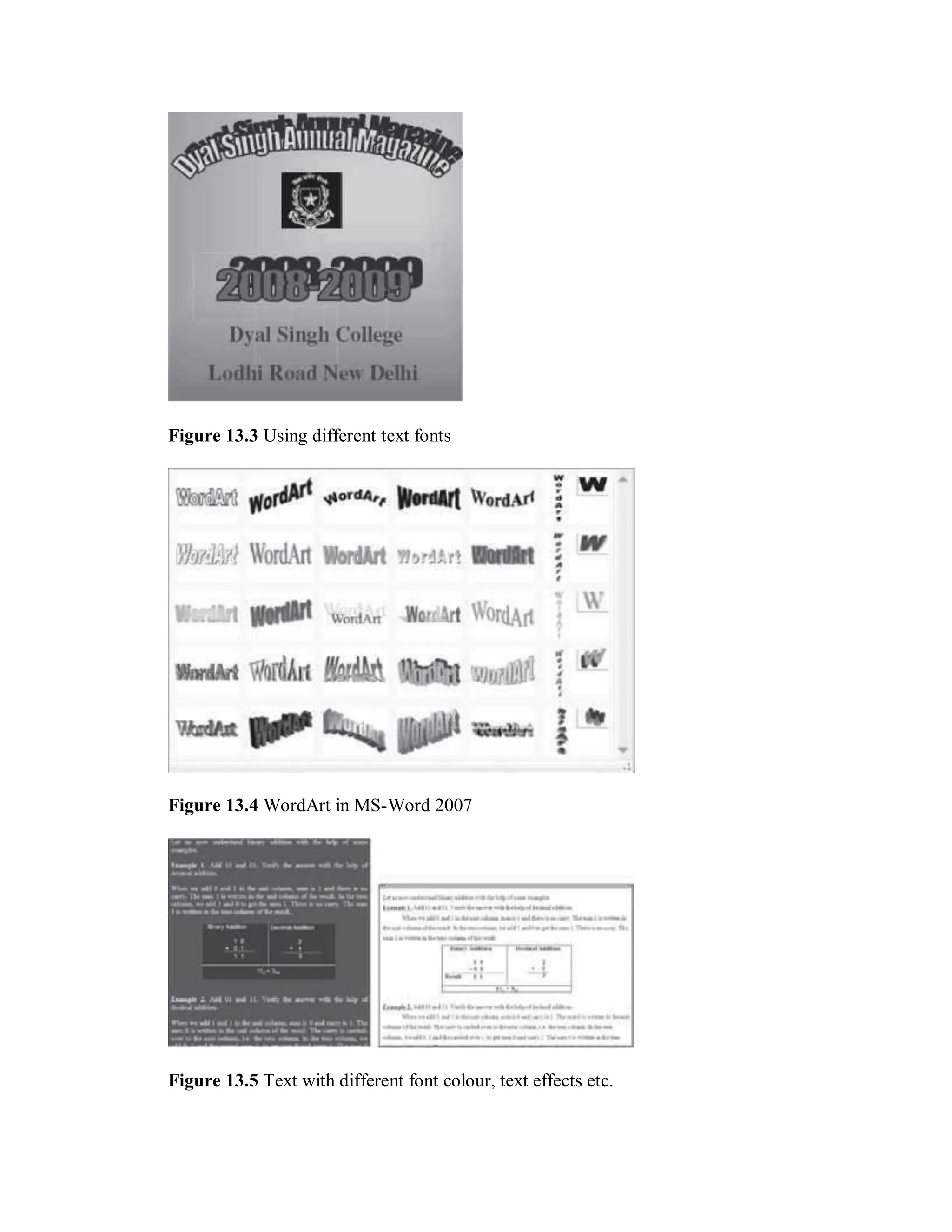 Figure 13.3 Using different text fonts
Figure 13.4 WordArt in MS-Word 2007
Figure 13.5 Text with different font colour, text effects etc.
 