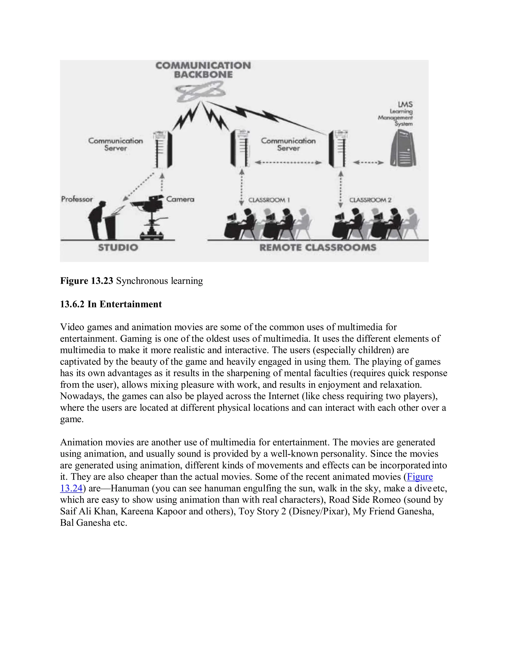 Figure 13.23 Synchronous learning
13.6.2 In Entertainment
Video games and animation movies are some of the common uses of multimedia for
entertainment. Gaming is one of the oldest uses of multimedia. It uses the different elements of
multimedia to make it more realistic and interactive. The users (especially children) are
captivated by the beauty of the game and heavily engaged in using them. The playing of games
has its own advantages as it results in the sharpening of mental faculties (requires quick response
from the user), allows mixing pleasure with work, and results in enjoyment and relaxation.
Nowadays, the games can also be played across the Internet (like chess requiring two players),
where the users are located at different physical locations and can interact with each other over a
game.
Animation movies are another use of multimedia for entertainment. The movies are generated
using animation, and usually sound is provided by a well-known personality. Since the movies
are generated using animation, different kinds of movements and effects can be incorporatedinto
it. They are also cheaper than the actual movies. Some of the recent animated movies (Figure
13.24) are—Hanuman (you can see hanuman engulfing the sun, walk in the sky, make a diveetc,
which are easy to show using animation than with real characters), Road Side Romeo (sound by
Saif Ali Khan, Kareena Kapoor and others), Toy Story 2 (Disney/Pixar), My Friend Ganesha,
Bal Ganesha etc.
 