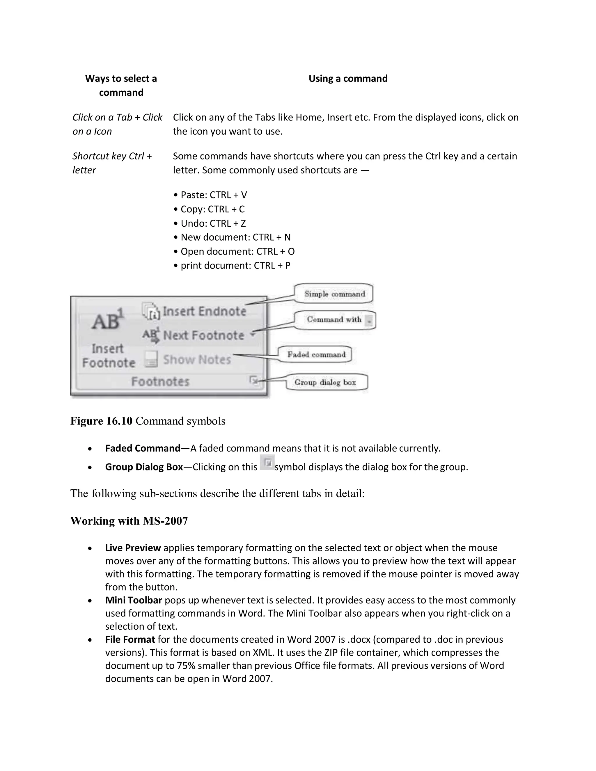 Ways to select a
command
Using a command
Click on a Tab + Click
on a Icon
Click on any of the Tabs like Home, Insert etc. From the displayed icons, click on
the icon you want to use.
Shortcut key Ctrl +
letter
Some commands have shortcuts where you can press the Ctrl key and a certain
letter. Some commonly used shortcuts are —
• Paste: CTRL + V
• Copy: CTRL + C
• Undo: CTRL + Z
• New document: CTRL + N
• Open document: CTRL + O
• print document: CTRL + P
Figure 16.10 Command symbols
 Faded Command—A faded command means that it is not available currently.
 Group Dialog Box—Clicking on this symbol displays the dialog box for thegroup.
The following sub-sections describe the different tabs in detail:
Working with MS-2007
 Live Preview applies temporary formatting on the selected text or object when the mouse
moves over any of the formatting buttons. This allows you to preview how the text will appear
with this formatting. The temporary formatting is removed if the mouse pointer is moved away
from the button.
 Mini Toolbar pops up whenever text is selected. It provides easy access to the most commonly
used formatting commands in Word. The Mini Toolbar also appears when you right-click on a
selection of text.
 File Format for the documents created in Word 2007 is .docx (compared to .doc in previous
versions). This format is based on XML. It uses the ZIP file container, which compresses the
document up to 75% smaller than previous Office file formats. All previous versions of Word
documents can be open in Word 2007.
 