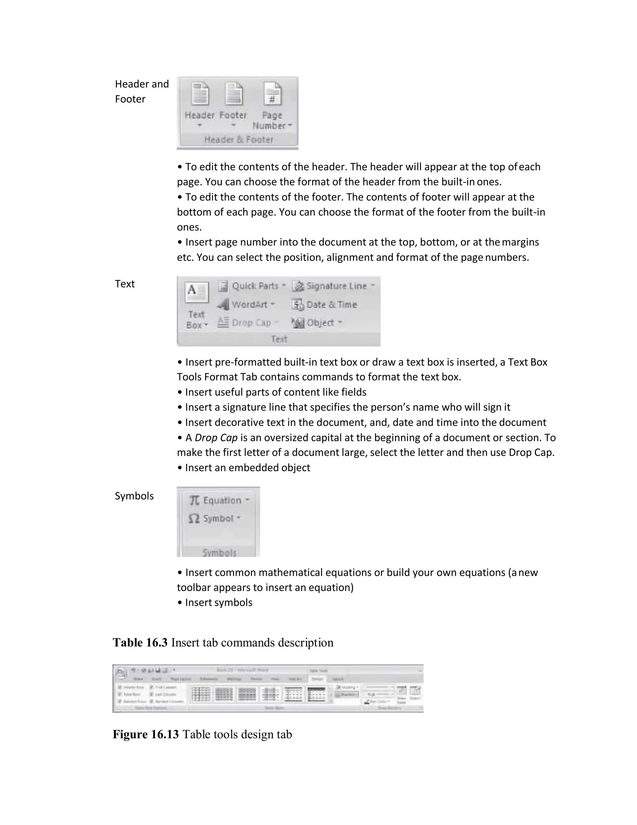 Header and
Footer
Text
Symbols
• To edit the contents of the header. The header will appear at the top ofeach
page. You can choose the format of the header from the built-inones.
• To edit the contents of the footer. The contents of footer will appear at the
bottom of each page. You can choose the format of the footer from the built-in
ones.
• Insert page number into the document at the top, bottom, or at themargins
etc. You can select the position, alignment and format of the pagenumbers.
• Insert pre-formatted built-in text box or draw a text box is inserted, a Text Box
Tools Format Tab contains commands to format the text box.
• Insert useful parts of content like fields
• Insert a signature line that specifies the person’s name who will sign it
• Insert decorative text in the document, and, date and time into the document
• A Drop Cap is an oversized capital at the beginning of a document or section. To
make the first letter of a document large, select the letter and then use Drop Cap.
• Insert an embedded object
• Insert common mathematical equations or build your own equations (anew
toolbar appears to insert an equation)
• Insert symbols
Table 16.3 Insert tab commands description
Figure 16.13 Table tools design tab
 