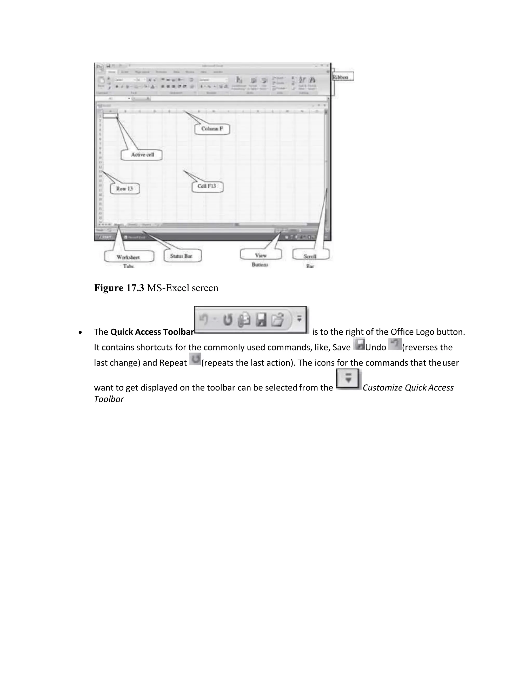 Figure 17.3 MS-Excel screen
 The Quick Access Toolbar is to the right of the Office Logo button.
It contains shortcuts for the commonly used commands, like, Save Undo (reverses the
last change) and Repeat (repeats the last action). The icons for the commands that theuser
want to get displayed on the toolbar can be selectedfrom the Customize Quick Access
Toolbar
 
