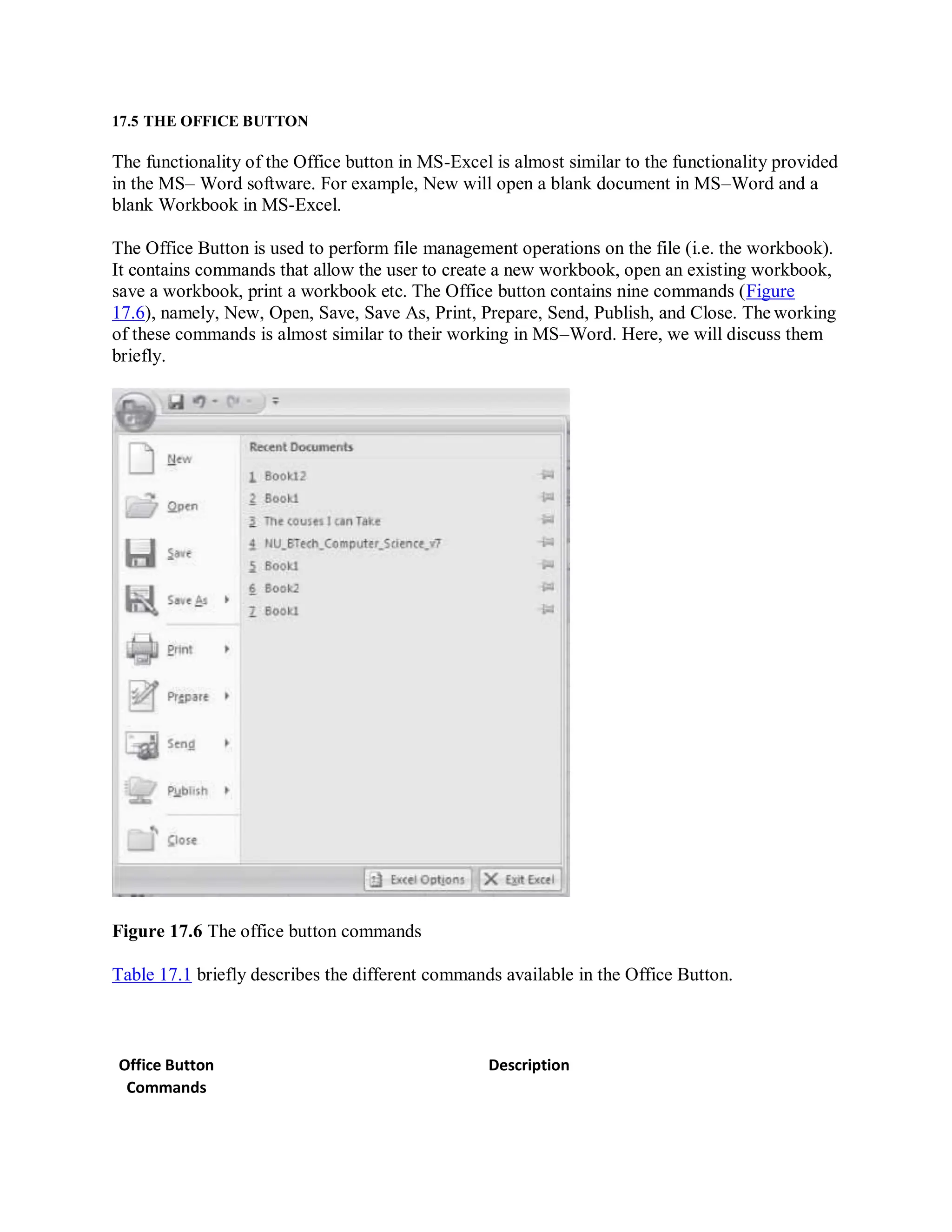17.5 THE OFFICE BUTTON
The functionality of the Office button in MS-Excel is almost similar to the functionality provided
in the MS– Word software. For example, New will open a blank document in MS–Word and a
blank Workbook in MS-Excel.
The Office Button is used to perform file management operations on the file (i.e. the workbook).
It contains commands that allow the user to create a new workbook, open an existing workbook,
save a workbook, print a workbook etc. The Office button contains nine commands (Figure
17.6), namely, New, Open, Save, Save As, Print, Prepare, Send, Publish, and Close. The working
of these commands is almost similar to their working in MS–Word. Here, we will discuss them
briefly.
Figure 17.6 The office button commands
Table 17.1 briefly describes the different commands available in the Office Button.
Office Button
Commands
Description
 