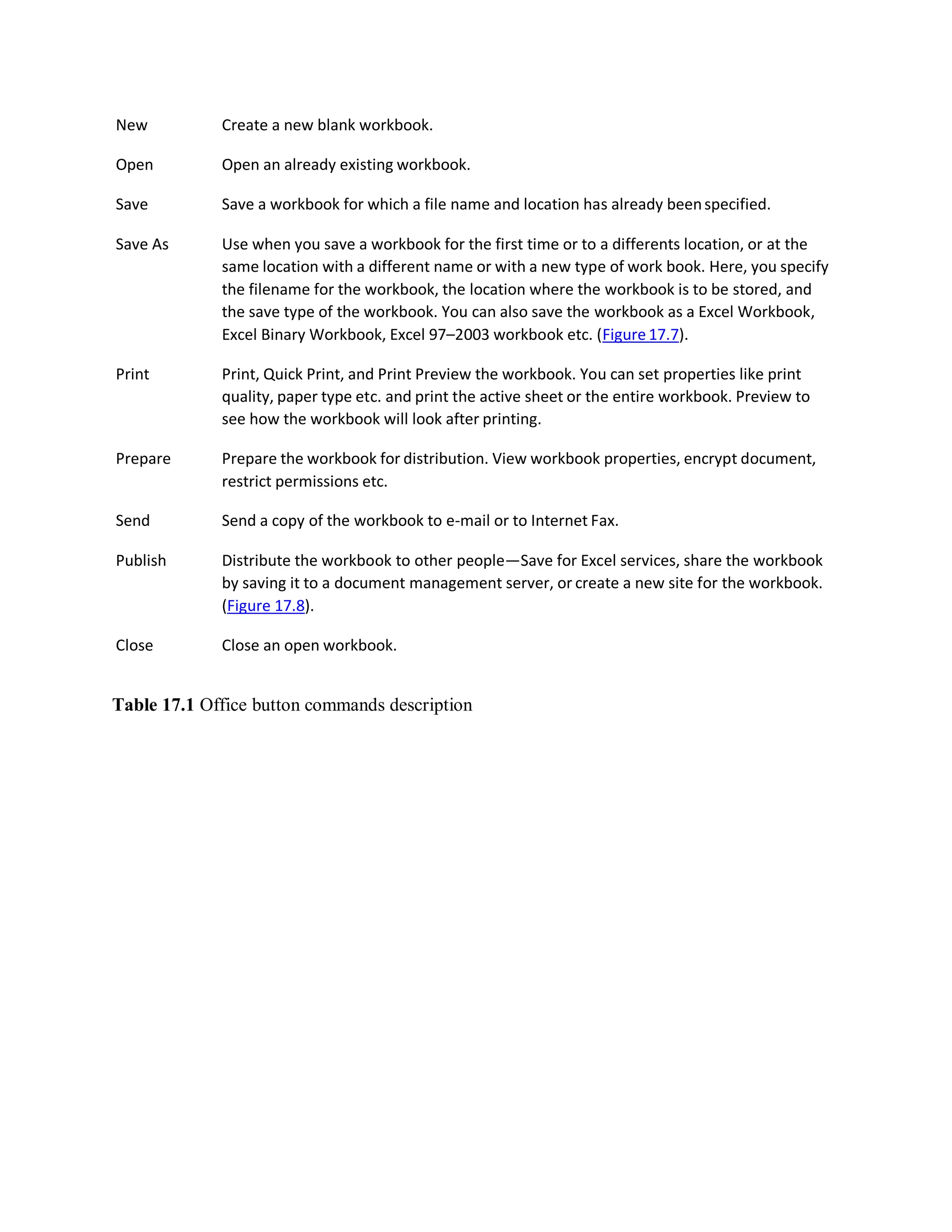 New Create a new blank workbook.
Open Open an already existing workbook.
Save Save a workbook for which a file name and location has already beenspecified.
Save As Use when you save a workbook for the first time or to a differents location, or at the
same location with a different name or with a new type of work book. Here, you specify
the filename for the workbook, the location where the workbook is to be stored, and
the save type of the workbook. You can also save the workbook as a Excel Workbook,
Excel Binary Workbook, Excel 97–2003 workbook etc. (Figure 17.7).
Print Print, Quick Print, and Print Preview the workbook. You can set properties like print
quality, paper type etc. and print the active sheet or the entire workbook. Preview to
see how the workbook will look after printing.
Prepare Prepare the workbook for distribution. View workbook properties, encrypt document,
restrict permissions etc.
Send Send a copy of the workbook to e-mail or to Internet Fax.
Publish Distribute the workbook to other people—Save for Excel services, share the workbook
by saving it to a document management server, or create a new site for the workbook.
(Figure 17.8).
Close Close an open workbook.
Table 17.1 Office button commands description
 