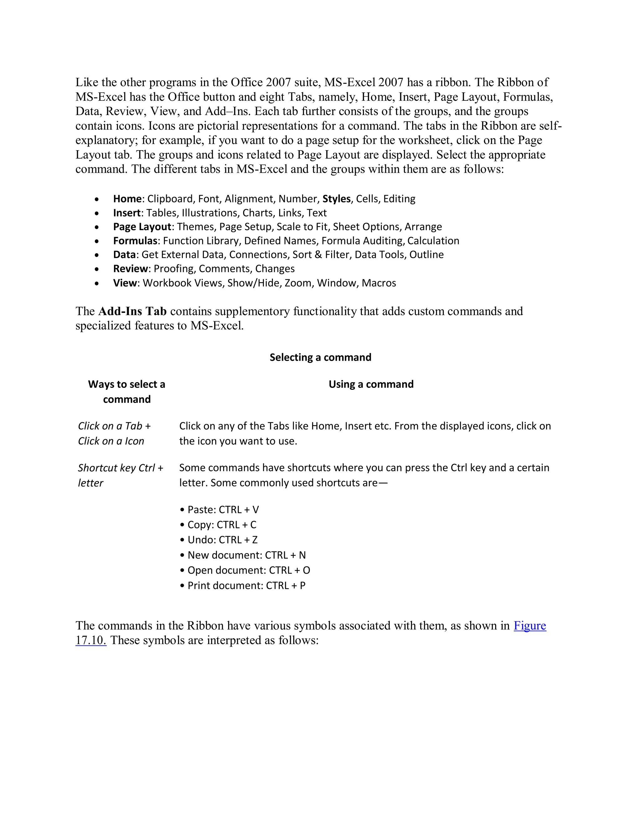 Like the other programs in the Office 2007 suite, MS-Excel 2007 has a ribbon. The Ribbon of
MS-Excel has the Office button and eight Tabs, namely, Home, Insert, Page Layout, Formulas,
Data, Review, View, and Add–Ins. Each tab further consists of the groups, and the groups
contain icons. Icons are pictorial representations for a command. The tabs in the Ribbon are self-
explanatory; for example, if you want to do a page setup for the worksheet, click on the Page
Layout tab. The groups and icons related to Page Layout are displayed. Select the appropriate
command. The different tabs in MS-Excel and the groups within them are as follows:
 Home: Clipboard, Font, Alignment, Number, Styles, Cells, Editing
 Insert: Tables, Illustrations, Charts, Links, Text
 Page Layout: Themes, Page Setup, Scale to Fit, Sheet Options, Arrange
 Formulas: Function Library, Defined Names, Formula Auditing, Calculation
 Data: Get External Data, Connections, Sort & Filter, Data Tools, Outline
 Review: Proofing, Comments, Changes
 View: Workbook Views, Show/Hide, Zoom, Window, Macros
The Add-Ins Tab contains supplementory functionality that adds custom commands and
specialized features to MS-Excel.
Selecting a command
Ways to select a
command
Using a command
Click on a Tab +
Click on a Icon
Click on any of the Tabs like Home, Insert etc. From the displayed icons, click on
the icon you want to use.
Shortcut key Ctrl +
letter
Some commands have shortcuts where you can press the Ctrl key and a certain
letter. Some commonly used shortcuts are—
• Paste: CTRL + V
• Copy: CTRL + C
• Undo: CTRL + Z
• New document: CTRL + N
• Open document: CTRL + O
• Print document: CTRL + P
The commands in the Ribbon have various symbols associated with them, as shown in Figure
17.10. These symbols are interpreted as follows:
 