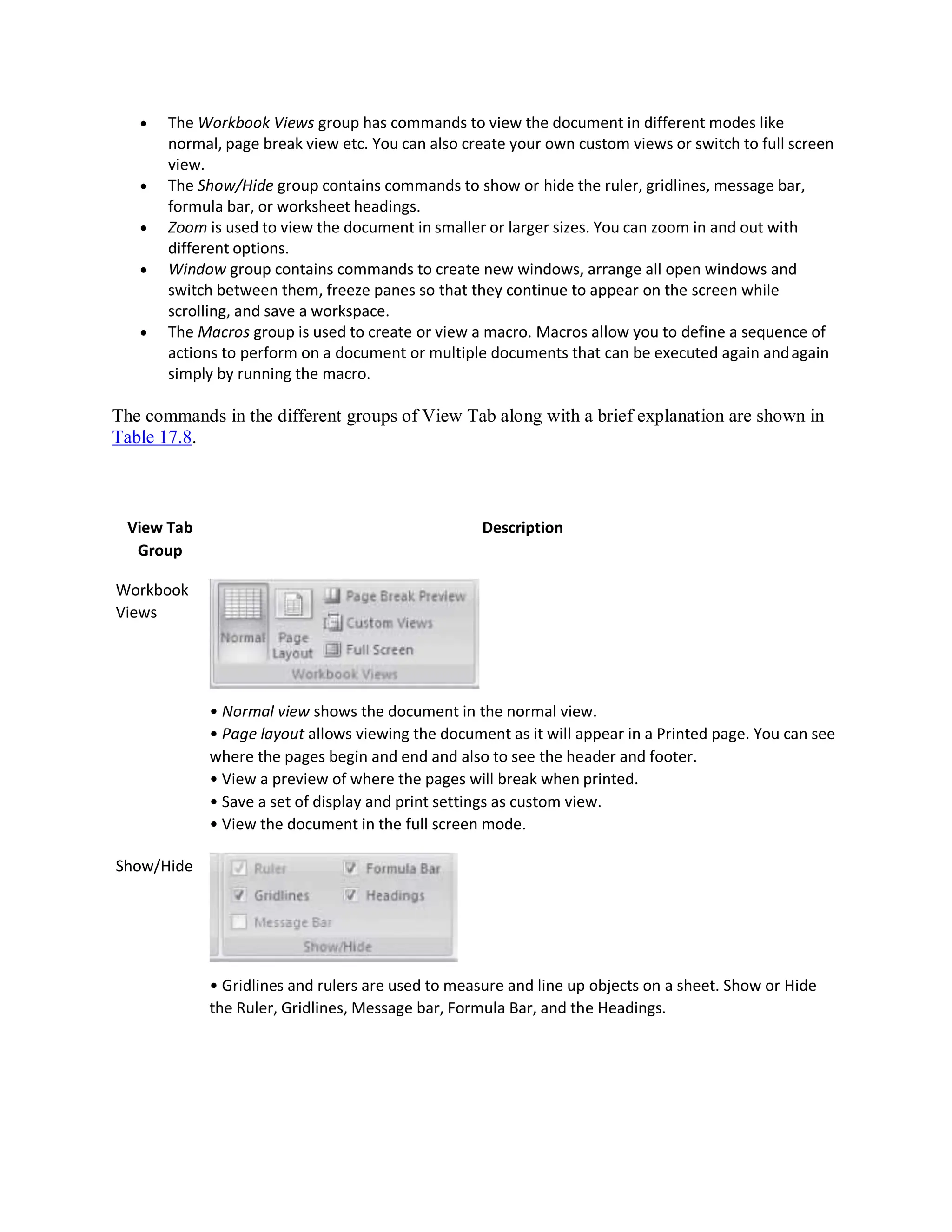  The Workbook Views group has commands to view the document in different modes like
normal, page break view etc. You can also create your own custom views or switch to full screen
view.
 The Show/Hide group contains commands to show or hide the ruler, gridlines, message bar,
formula bar, or worksheet headings.
 Zoom is used to view the document in smaller or larger sizes. You can zoom in and out with
different options.
 Window group contains commands to create new windows, arrange all open windows and
switch between them, freeze panes so that they continue to appear on the screen while
scrolling, and save a workspace.
 The Macros group is used to create or view a macro. Macros allow you to define a sequence of
actions to perform on a document or multiple documents that can be executed again andagain
simply by running the macro.
The commands in the different groups of View Tab along with a brief explanation are shown in
Table 17.8.
View Tab
Group
Workbook
Views
Show/Hide
Description
• Normal view shows the document in the normal view.
• Page layout allows viewing the document as it will appear in a Printed page. You can see
where the pages begin and end and also to see the header and footer.
• View a preview of where the pages will break when printed.
• Save a set of display and print settings as custom view.
• View the document in the full screen mode.
• Gridlines and rulers are used to measure and line up objects on a sheet. Show or Hide
the Ruler, Gridlines, Message bar, Formula Bar, and the Headings.
 