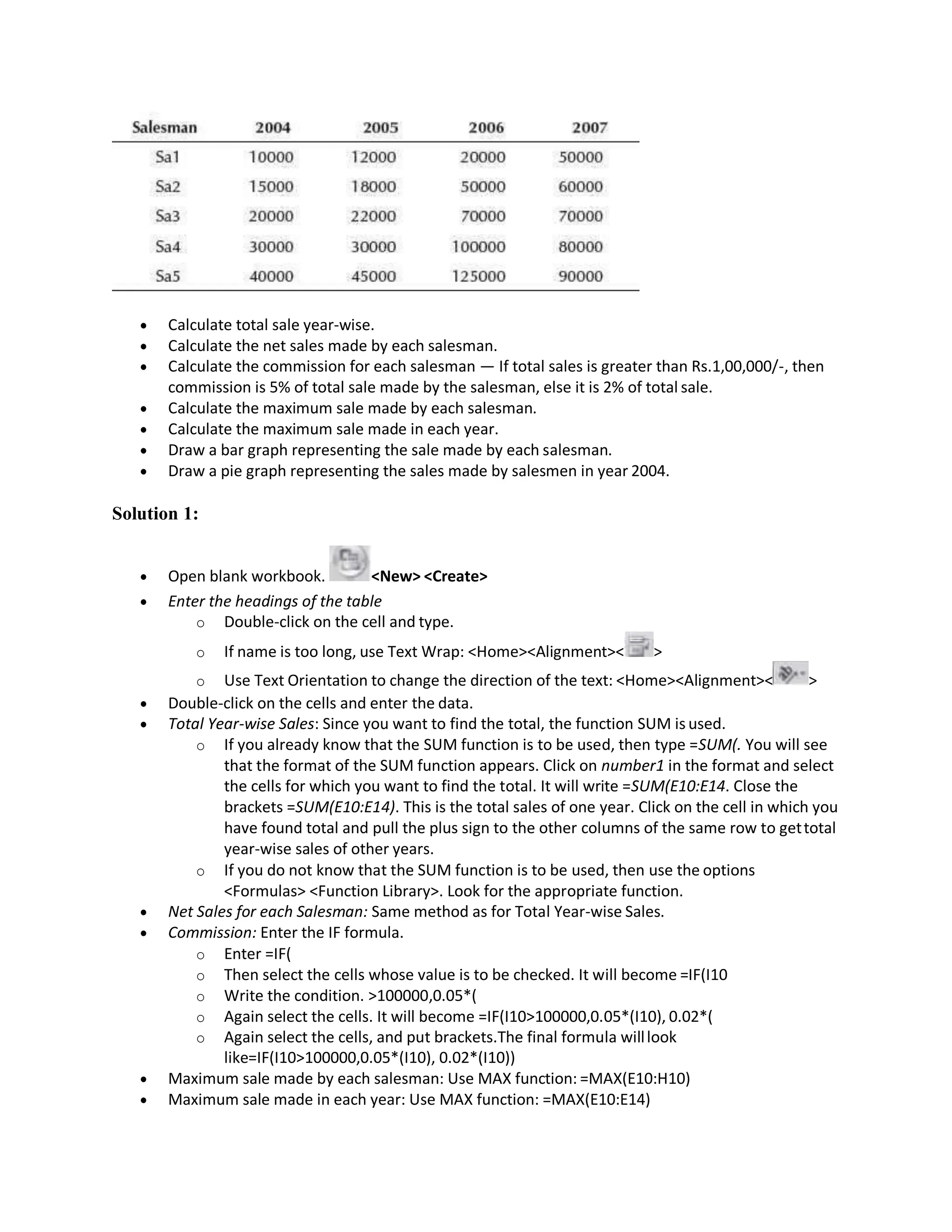  Calculate total sale year-wise.
 Calculate the net sales made by each salesman.
 Calculate the commission for each salesman — If total sales is greater than Rs.1,00,000/-, then
commission is 5% of total sale made by the salesman, else it is 2% of total sale.
 Calculate the maximum sale made by each salesman.
 Calculate the maximum sale made in each year.
 Draw a bar graph representing the sale made by each salesman.
 Draw a pie graph representing the sales made by salesmen in year 2004.
Solution 1:
 Open blank workbook. <New> <Create>
 Enter the headings of the table
o Double-click on the cell and type.
o If name is too long, use Text Wrap: <Home><Alignment>< >
o Use Text Orientation to change the direction of the text: <Home><Alignment>< >
 Double-click on the cells and enter the data.
 Total Year-wise Sales: Since you want to find the total, the function SUM is used.
o If you already know that the SUM function is to be used, then type =SUM(. You will see
that the format of the SUM function appears. Click on number1 in the format and select
the cells for which you want to find the total. It will write =SUM(E10:E14. Close the
brackets =SUM(E10:E14). This is the total sales of one year. Click on the cell in which you
have found total and pull the plus sign to the other columns of the same row to gettotal
year-wise sales of other years.
o If you do not know that the SUM function is to be used, then use the options
<Formulas> <Function Library>. Look for the appropriate function.
 Net Sales for each Salesman: Same method as for Total Year-wise Sales.
 Commission: Enter the IF formula.
o Enter =IF(
o Then select the cells whose value is to be checked. It will become =IF(I10
o Write the condition. >100000,0.05*(
o Again select the cells. It will become =IF(I10>100000,0.05*(I10), 0.02*(
o Again select the cells, and put brackets.The final formula willlook
like=IF(I10>100000,0.05*(I10), 0.02*(I10))
 Maximum sale made by each salesman: Use MAX function: =MAX(E10:H10)
 Maximum sale made in each year: Use MAX function: =MAX(E10:E14)
 