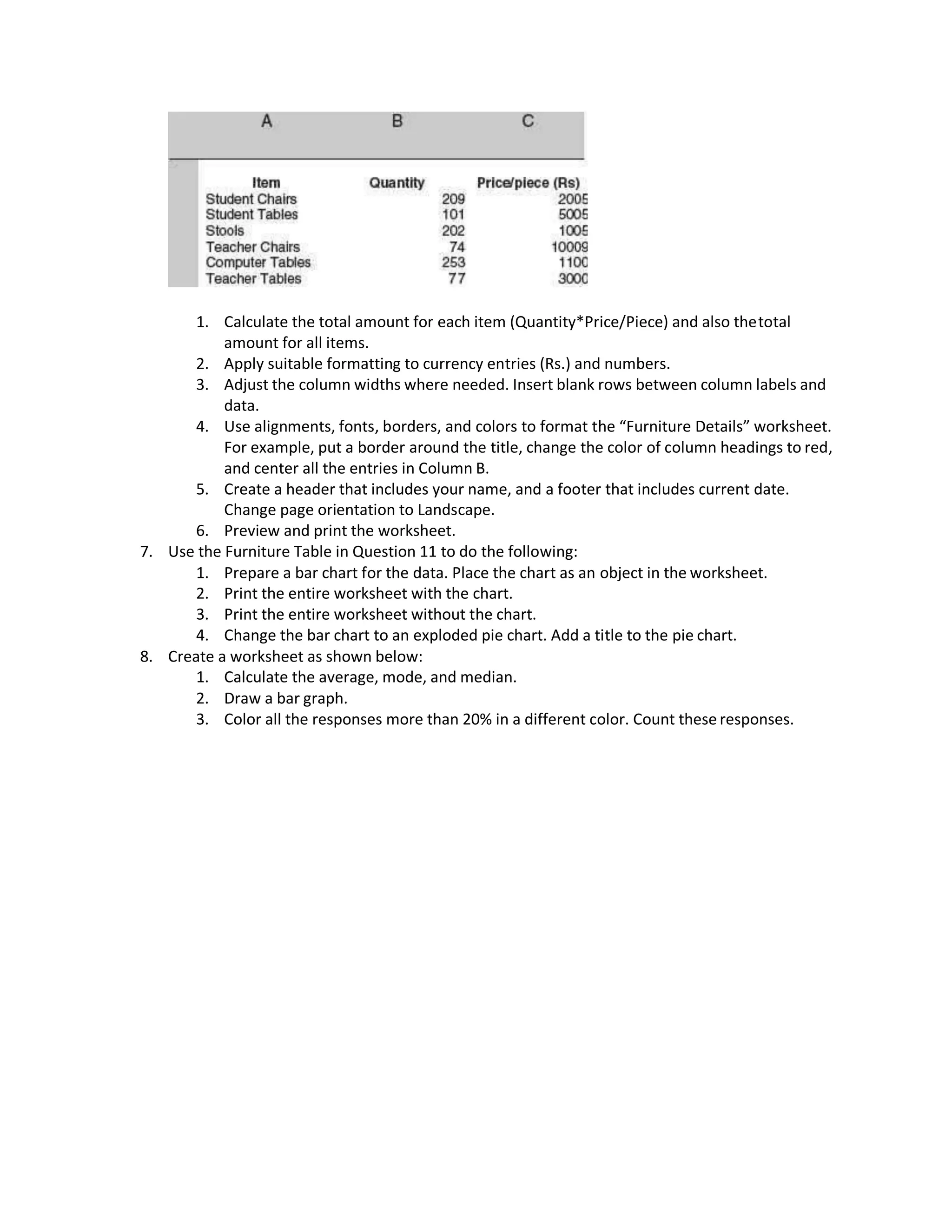 1. Calculate the total amount for each item (Quantity*Price/Piece) and also thetotal
amount for all items.
2. Apply suitable formatting to currency entries (Rs.) and numbers.
3. Adjust the column widths where needed. Insert blank rows between column labels and
data.
4. Use alignments, fonts, borders, and colors to format the “Furniture Details” worksheet.
For example, put a border around the title, change the color of column headings to red,
and center all the entries in Column B.
5. Create a header that includes your name, and a footer that includes current date.
Change page orientation to Landscape.
6. Preview and print the worksheet.
7. Use the Furniture Table in Question 11 to do the following:
1. Prepare a bar chart for the data. Place the chart as an object in the worksheet.
2. Print the entire worksheet with the chart.
3. Print the entire worksheet without the chart.
4. Change the bar chart to an exploded pie chart. Add a title to the pie chart.
8. Create a worksheet as shown below:
1. Calculate the average, mode, and median.
2. Draw a bar graph.
3. Color all the responses more than 20% in a different color. Count these responses.
 