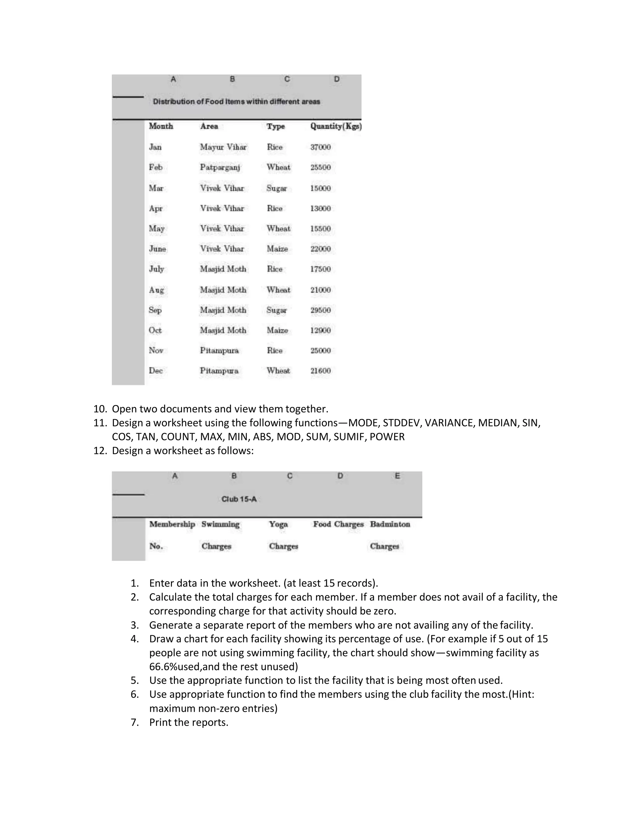 10. Open two documents and view them together.
11. Design a worksheet using the following functions—MODE, STDDEV, VARIANCE, MEDIAN, SIN,
COS, TAN, COUNT, MAX, MIN, ABS, MOD, SUM, SUMIF, POWER
12. Design a worksheet as follows:
1. Enter data in the worksheet. (at least 15 records).
2. Calculate the total charges for each member. If a member does not avail of a facility, the
corresponding charge for that activity should be zero.
3. Generate a separate report of the members who are not availing any of the facility.
4. Draw a chart for each facility showing its percentage of use. (For example if 5 out of 15
people are not using swimming facility, the chart should show—swimming facility as
66.6%used,and the rest unused)
5. Use the appropriate function to list the facility that is being most often used.
6. Use appropriate function to find the members using the club facility the most.(Hint:
maximum non-zero entries)
7. Print the reports.
 