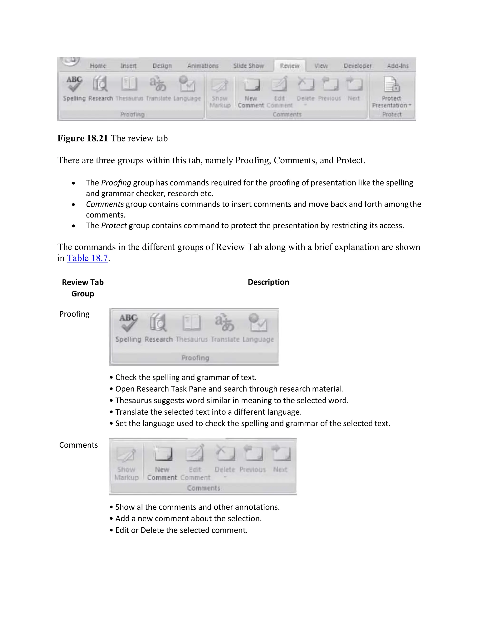 Figure 18.21 The review tab
There are three groups within this tab, namely Proofing, Comments, and Protect.
 The Proofing group has commands required for the proofing of presentation like the spelling
and grammar checker, research etc.
 Comments group contains commands to insert comments and move back and forth amongthe
comments.
 The Protect group contains command to protect the presentation by restricting its access.
The commands in the different groups of Review Tab along with a brief explanation are shown
in Table 18.7.
Review Tab
Group
Proofing
Comments
Description
• Check the spelling and grammar of text.
• Open Research Task Pane and search through research material.
• Thesaurus suggests word similar in meaning to the selected word.
• Translate the selected text into a different language.
• Set the language used to check the spelling and grammar of the selected text.
• Show al the comments and other annotations.
• Add a new comment about the selection.
• Edit or Delete the selected comment.
 