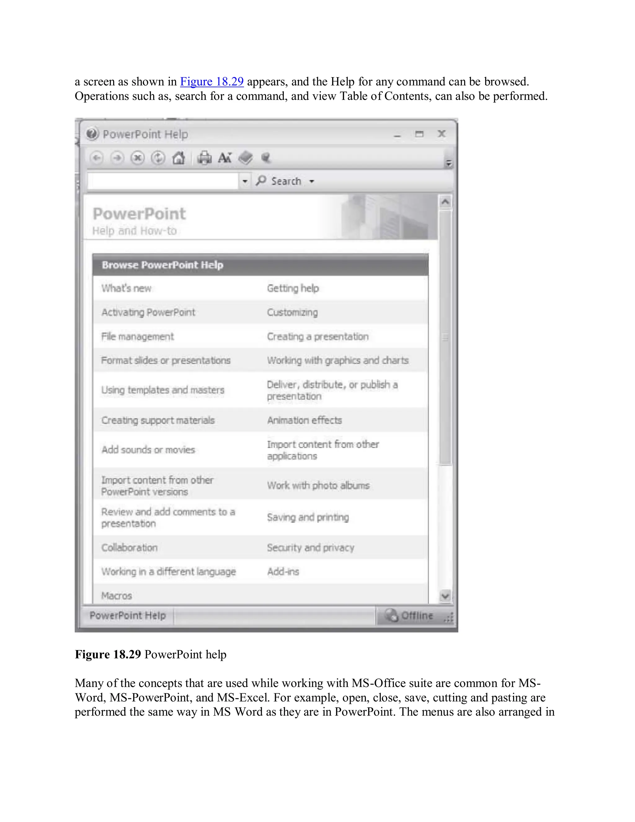 a screen as shown in Figure 18.29 appears, and the Help for any command can be browsed.
Operations such as, search for a command, and view Table of Contents, can also be performed.
Figure 18.29 PowerPoint help
Many of the concepts that are used while working with MS-Office suite are common for MS-
Word, MS-PowerPoint, and MS-Excel. For example, open, close, save, cutting and pasting are
performed the same way in MS Word as they are in PowerPoint. The menus are also arranged in
 