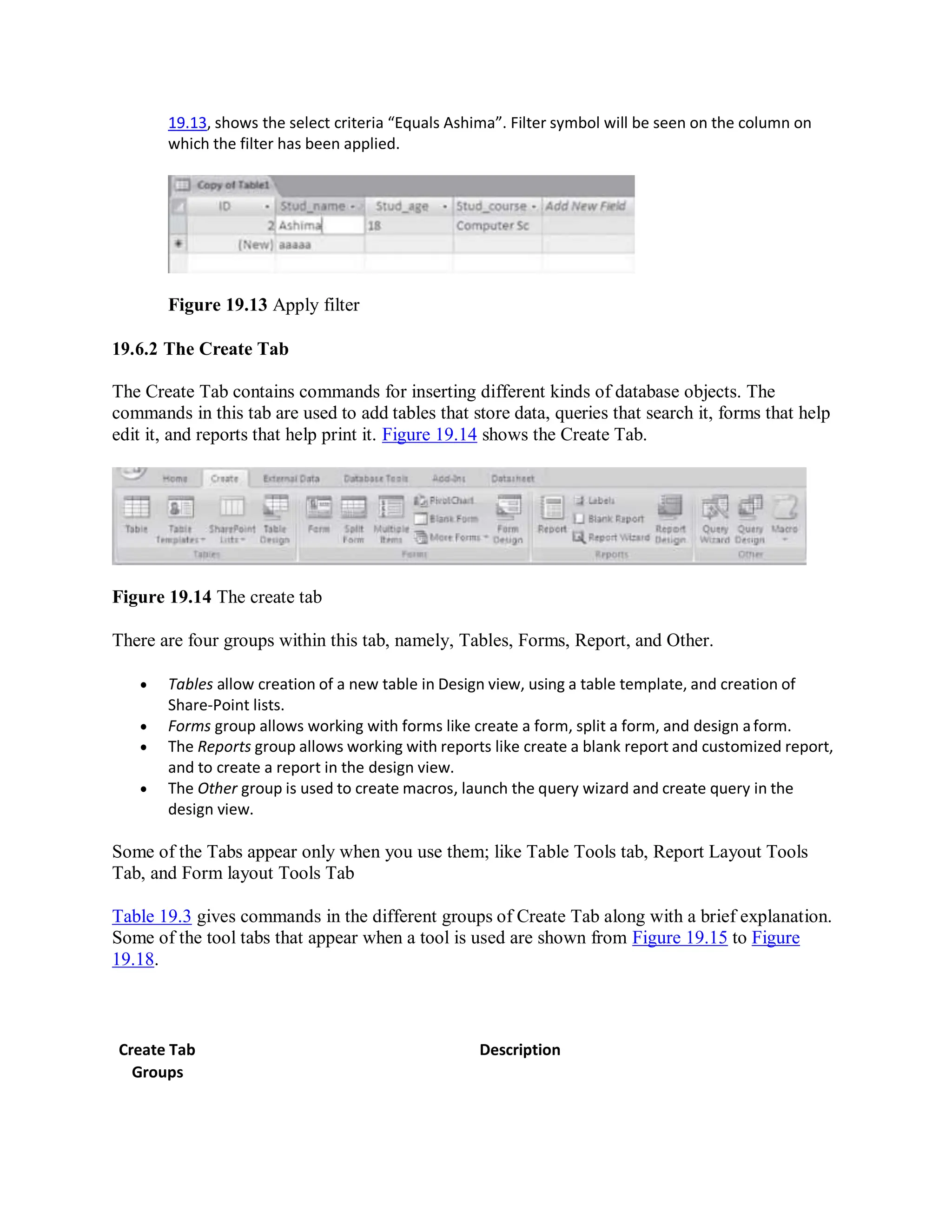 19.13, shows the select criteria “Equals Ashima”. Filter symbol will be seen on the column on
which the filter has been applied.
Figure 19.13 Apply filter
19.6.2 The Create Tab
The Create Tab contains commands for inserting different kinds of database objects. The
commands in this tab are used to add tables that store data, queries that search it, forms that help
edit it, and reports that help print it. Figure 19.14 shows the Create Tab.
Figure 19.14 The create tab
There are four groups within this tab, namely, Tables, Forms, Report, and Other.
 Tables allow creation of a new table in Design view, using a table template, and creation of
Share-Point lists.
 Forms group allows working with forms like create a form, split a form, and design aform.
 The Reports group allows working with reports like create a blank report and customized report,
and to create a report in the design view.
 The Other group is used to create macros, launch the query wizard and create query in the
design view.
Some of the Tabs appear only when you use them; like Table Tools tab, Report Layout Tools
Tab, and Form layout Tools Tab
Table 19.3 gives commands in the different groups of Create Tab along with a brief explanation.
Some of the tool tabs that appear when a tool is used are shown from Figure 19.15 to Figure
19.18.
Create Tab
Groups
Description
 