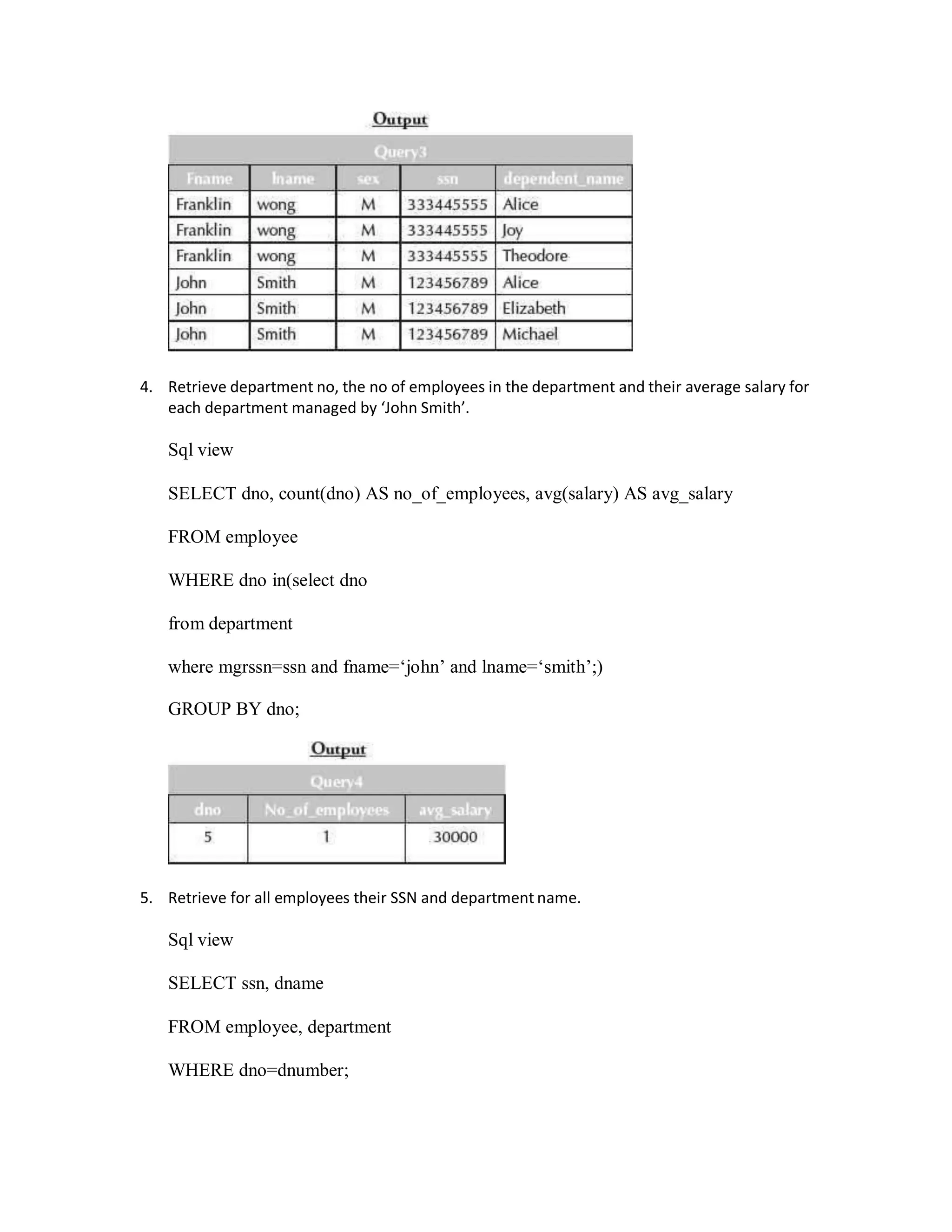 4. Retrieve department no, the no of employees in the department and their average salary for
each department managed by ‘John Smith’.
Sql view
SELECT dno, count(dno) AS no_of_employees, avg(salary) AS avg_salary
FROM employee
WHERE dno in(select dno
from department
where mgrssn=ssn and fname=‘john’ and lname=‘smith’;)
GROUP BY dno;
5. Retrieve for all employees their SSN and department name.
Sql view
SELECT ssn, dname
FROM employee, department
WHERE dno=dnumber;
 