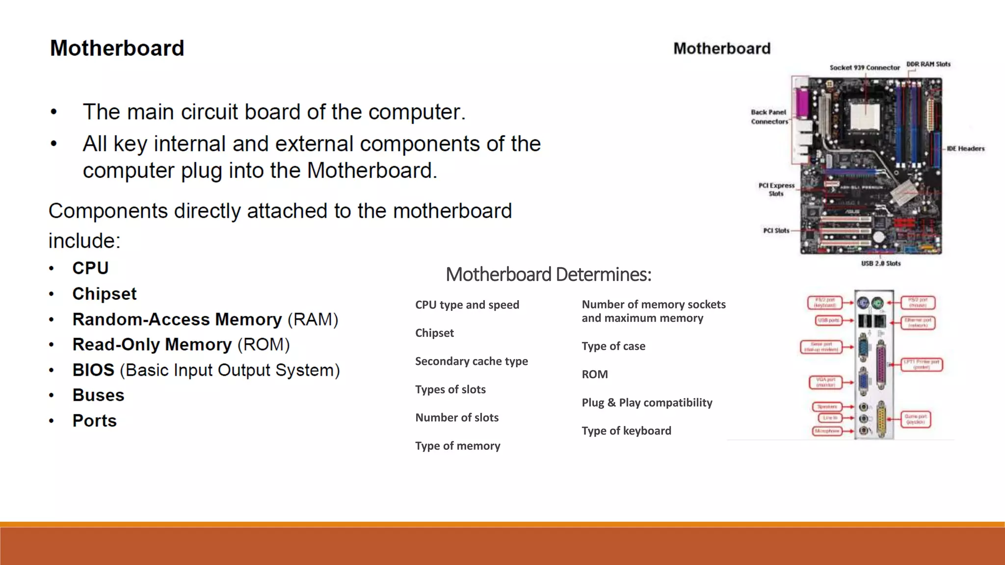 Motherboard Determines:
CPU type and speed
Chipset
Secondary cache type
Types of slots
Number of slots
Type of memory
Number of memory sockets
and maximum memory
Type of case
ROM
Plug & Play compatibility
Type of keyboard
 