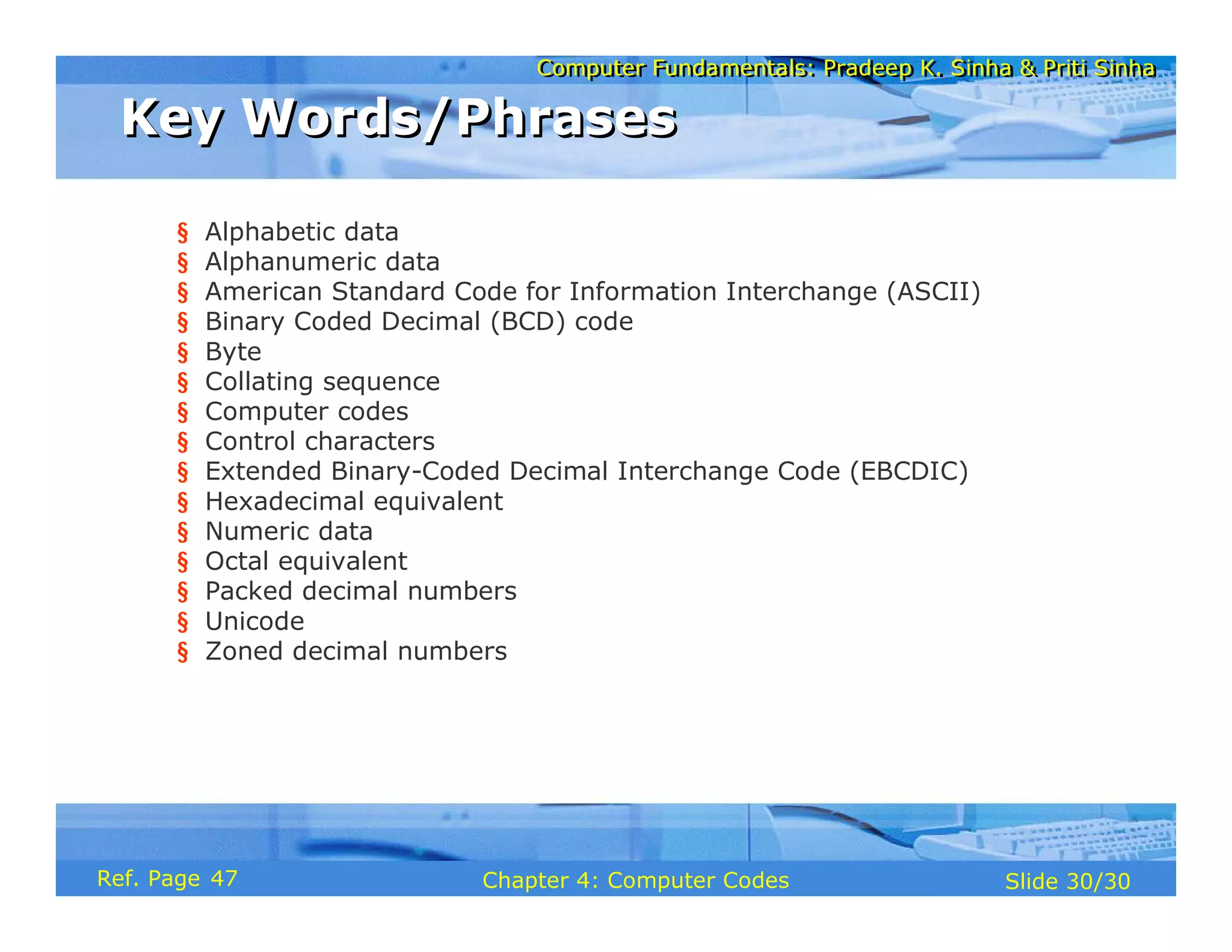 Computer Fundamentals: Pradeep K. Sinha & Priti Sinha
Computer Fundamentals: Pradeep K. Sinha & Priti Sinha
Slide 30/30
Chapter 4: Computer Codes
Ref. Page
§ Alphabetic data
§ Alphanumeric data
§ American Standard Code for Information Interchange (ASCII)
§ Binary Coded Decimal (BCD) code
§ Byte
§ Collating sequence
§ Computer codes
§ Control characters
§ Extended Binary-Coded Decimal Interchange Code (EBCDIC)
§ Hexadecimal equivalent
§ Numeric data
§ Octal equivalent
§ Packed decimal numbers
§ Unicode
§ Zoned decimal numbers
Key Words/Phrases
Key Words/Phrases
47
 