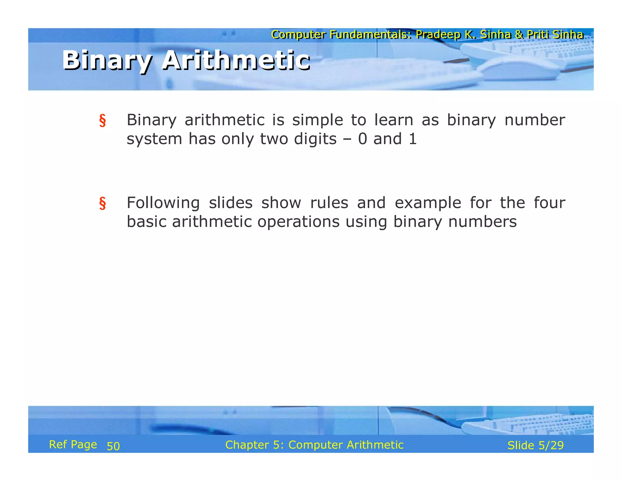 Computer Fundamentals: Pradeep K. Sinha & Priti Sinha
Computer Fundamentals: Pradeep K. Sinha & Priti Sinha
Slide 5/29
Chapter 5: Computer Arithmetic
Ref Page
§ Binary arithmetic is simple to learn as binary number
system has only two digits – 0 and 1
§ Following slides show rules and example for the four
basic arithmetic operations using binary numbers
Binary Arithmetic
Binary Arithmetic
50
 