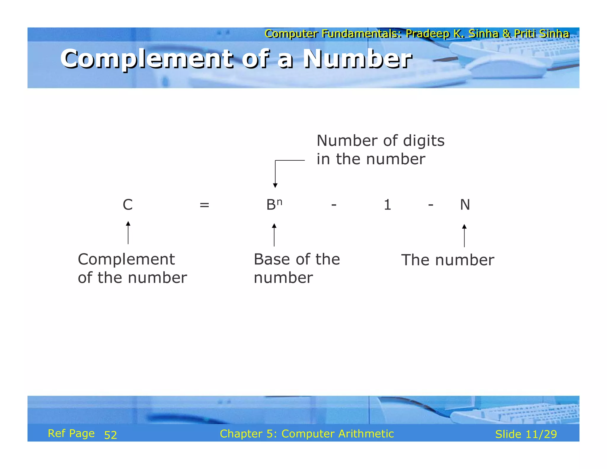 Computer Fundamentals: Pradeep K. Sinha & Priti Sinha
Computer Fundamentals: Pradeep K. Sinha & Priti Sinha
Slide 11/29
Chapter 5: Computer Arithmetic
Ref Page
Complement
of the number
Base of the
number
C = Bn - 1 - N
Number of digits
in the number
The number
Complement of a Number
Complement of a Number
52
 