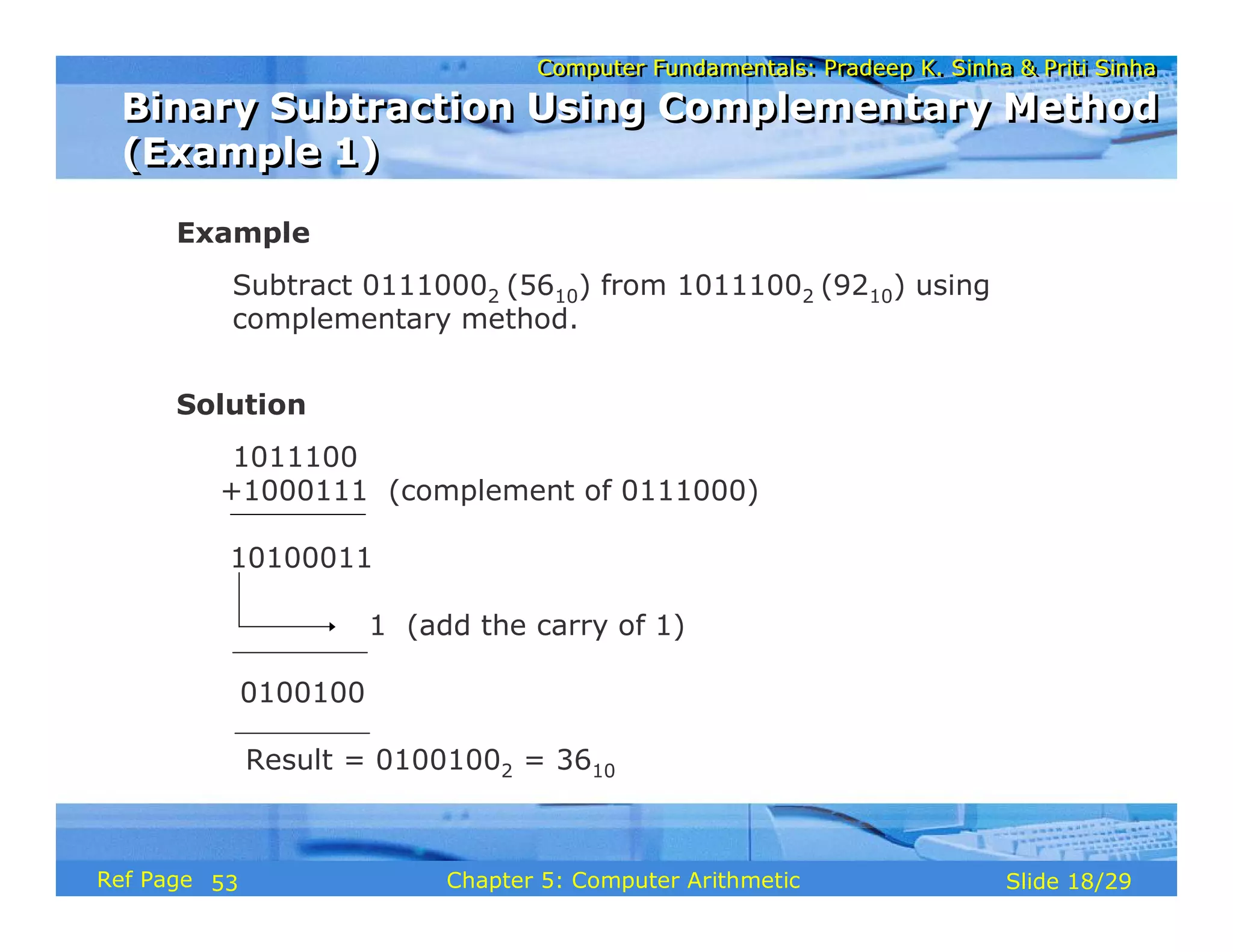 Computer Fundamentals: Pradeep K. Sinha & Priti Sinha
Computer Fundamentals: Pradeep K. Sinha & Priti Sinha
Slide 18/29
Chapter 5: Computer Arithmetic
Ref Page
Example
Subtract 01110002 (5610) from 10111002 (9210) using
complementary method.
Solution
1011100
+1000111 (complement of 0111000)
10100011
1 (add the carry of 1)
0100100
Result = 01001002 = 3610
Binary Subtraction Using Complementary Method
(Example 1)
Binary Subtraction Using Complementary Method
(Example 1)
53
 