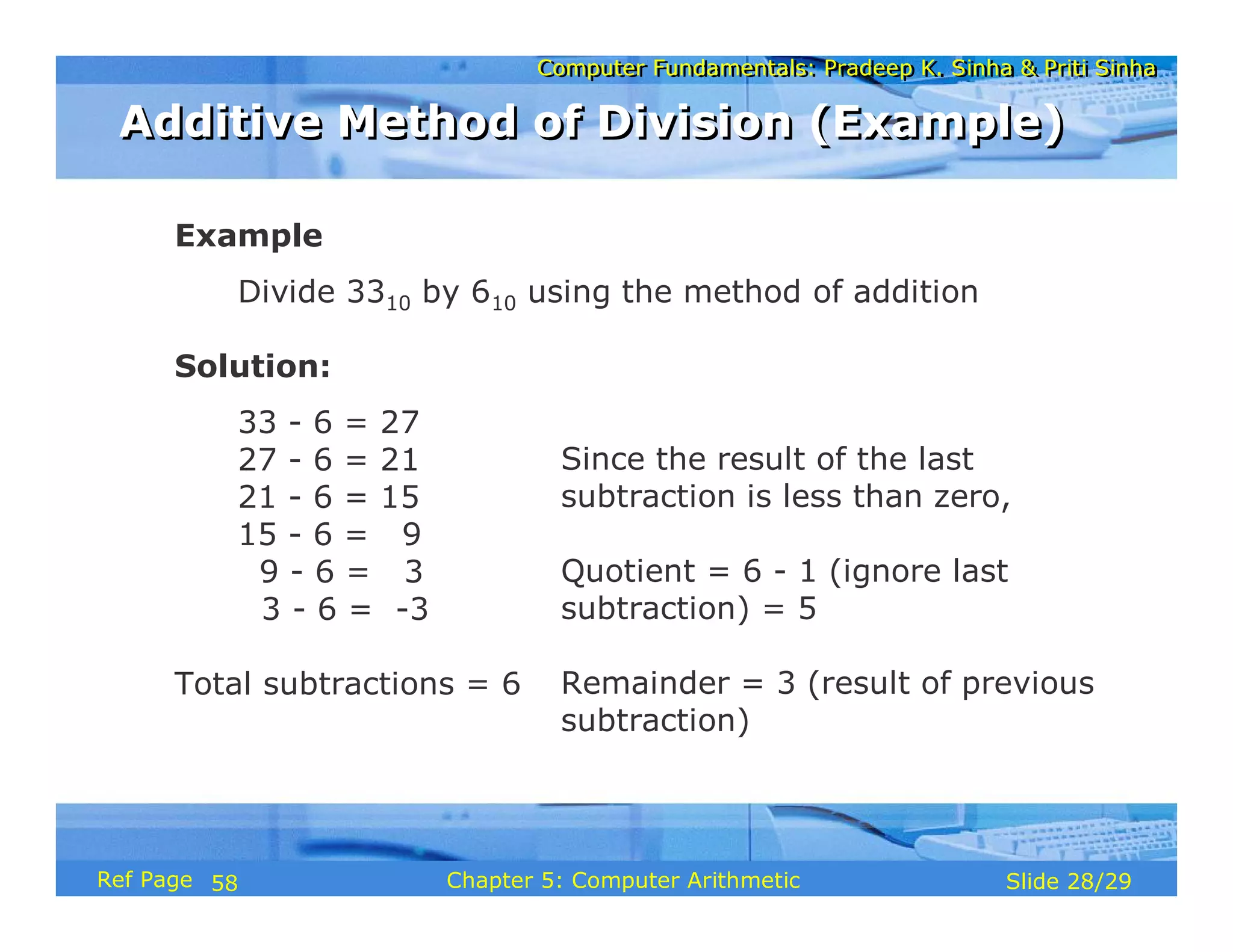 Computer Fundamentals: Pradeep K. Sinha & Priti Sinha
Computer Fundamentals: Pradeep K. Sinha & Priti Sinha
Slide 28/29
Chapter 5: Computer Arithmetic
Ref Page
Example
Divide 3310 by 610 using the method of addition
Solution:
33 - 6 = 27
27 - 6 = 21
21 - 6 = 15
15 - 6 = 9
9 - 6 = 3
3 - 6 = -3
Total subtractions = 6
Since the result of the last
subtraction is less than zero,
Quotient = 6 - 1 (ignore last
subtraction) = 5
Remainder = 3 (result of previous
subtraction)
Additive Method of Division (Example)
Additive Method of Division (Example)
58
 