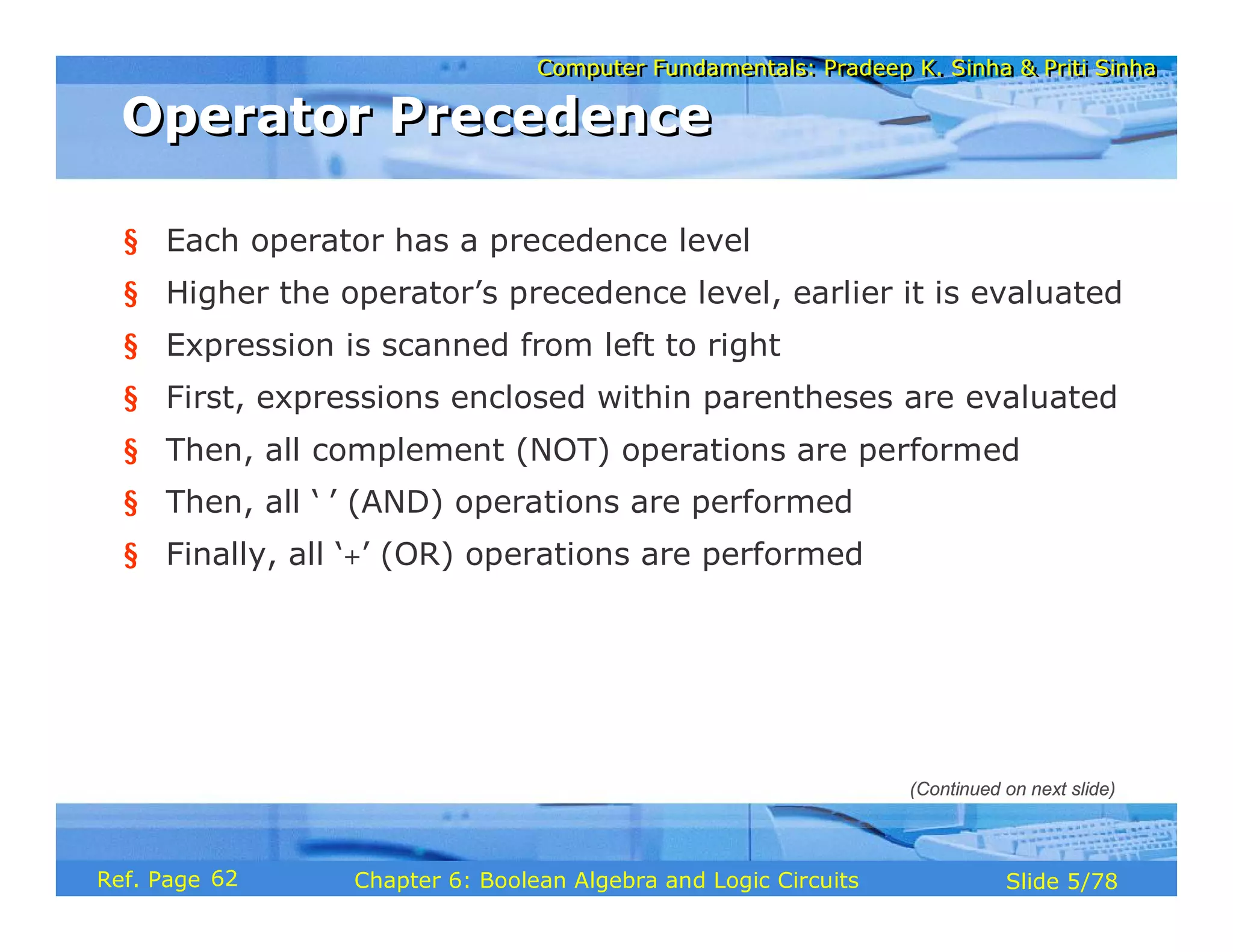 Computer Fundamentals: Pradeep K. Sinha & Priti Sinha
Computer Fundamentals: Pradeep K. Sinha & Priti Sinha
Slide 5/78
Chapter 6: Boolean Algebra and Logic Circuits
Ref. Page
§ Each operator has a precedence level
§ Higher the operator’s precedence level, earlier it is evaluated
§ Expression is scanned from left to right
§ First, expressions enclosed within parentheses are evaluated
§ Then, all complement (NOT) operations are performed
§ Then, all ‘⋅’ (AND) operations are performed
§ Finally, all ‘+’ (OR) operations are performed
Operator Precedence
Operator Precedence
(Continued on next slide)
62
 