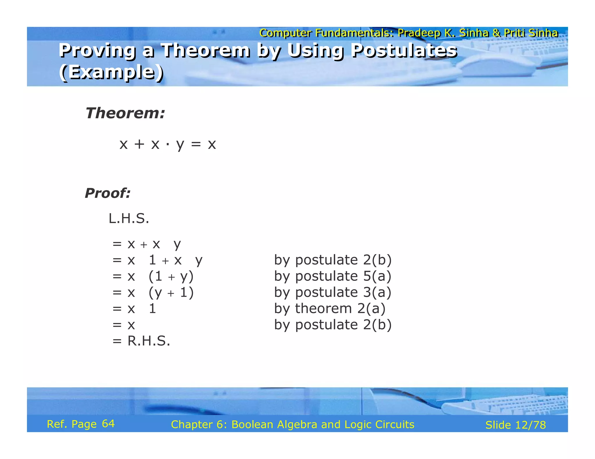 Computer Fundamentals: Pradeep K. Sinha & Priti Sinha
Computer Fundamentals: Pradeep K. Sinha & Priti Sinha
Slide 12/78
Chapter 6: Boolean Algebra and Logic Circuits
Ref. Page
Theorem:
x + x · y = x
Proof:
L.H.S.
= x + x ⋅ y
= x ⋅ 1 + x ⋅ y by postulate 2(b)
= x ⋅ (1 + y) by postulate 5(a)
= x ⋅ (y + 1) by postulate 3(a)
= x ⋅ 1 by theorem 2(a)
= x by postulate 2(b)
= R.H.S.
Proving a Theorem by Using Postulates
(Example)
Proving a Theorem by Using Postulates
(Example)
64
 