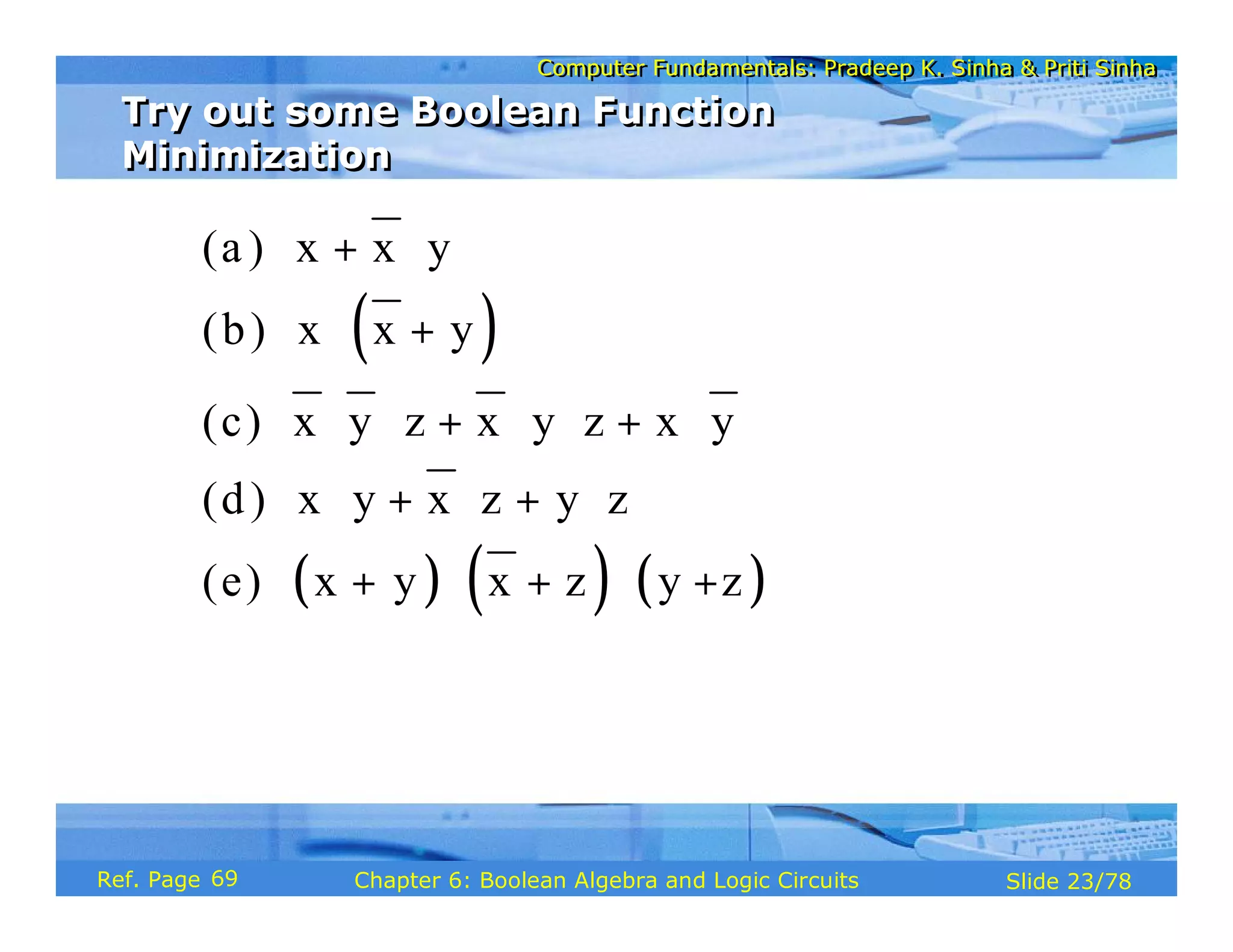 Computer Fundamentals: Pradeep K. Sinha & Priti Sinha
Computer Fundamentals: Pradeep K. Sinha & Priti Sinha
Slide 23/78
Chapter 6: Boolean Algebra and Logic Circuits
Ref. Page
( )
( ) ( ) ( )
(a) x x y
(b) x x y
(c) x y z x y z x y
(d) x y x z y z
(e) x y x z y z
+ ⋅
⋅ +
⋅ ⋅ + ⋅ ⋅ + ⋅
⋅ + ⋅ + ⋅
+ ⋅ + ⋅ +
Try out some Boolean Function
Minimization
Try out some Boolean Function
Minimization
69
 