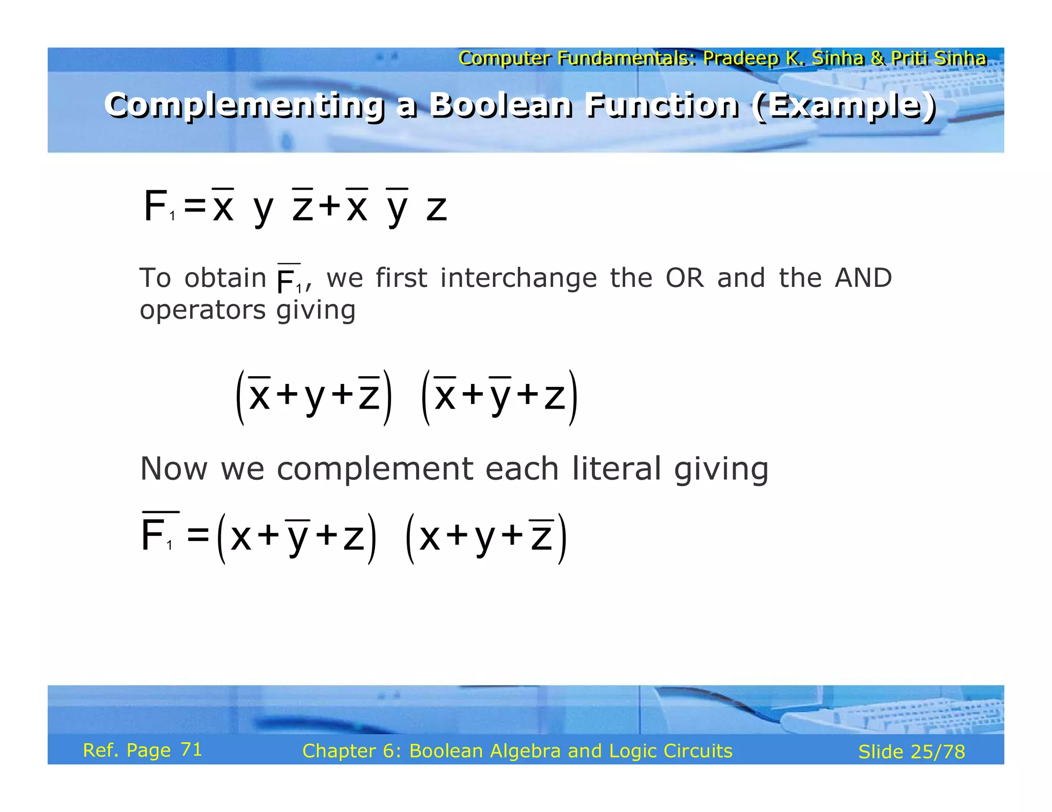 Computer Fundamentals: Pradeep K. Sinha & Priti Sinha
Computer Fundamentals: Pradeep K. Sinha & Priti Sinha
Slide 25/78
Chapter 6: Boolean Algebra and Logic Circuits
Ref. Page
To obtain , we first interchange the OR and the AND
operators giving
Now we complement each literal giving
1
F =x y z+x y z
⋅ ⋅ ⋅ ⋅
1
F
( ) ( )
x+y+z x+y+z
⋅
( ) ( )
1
F = x+ y+z x+y+ z
⋅
Complementing a Boolean Function (Example)
Complementing a Boolean Function (Example)
71
 