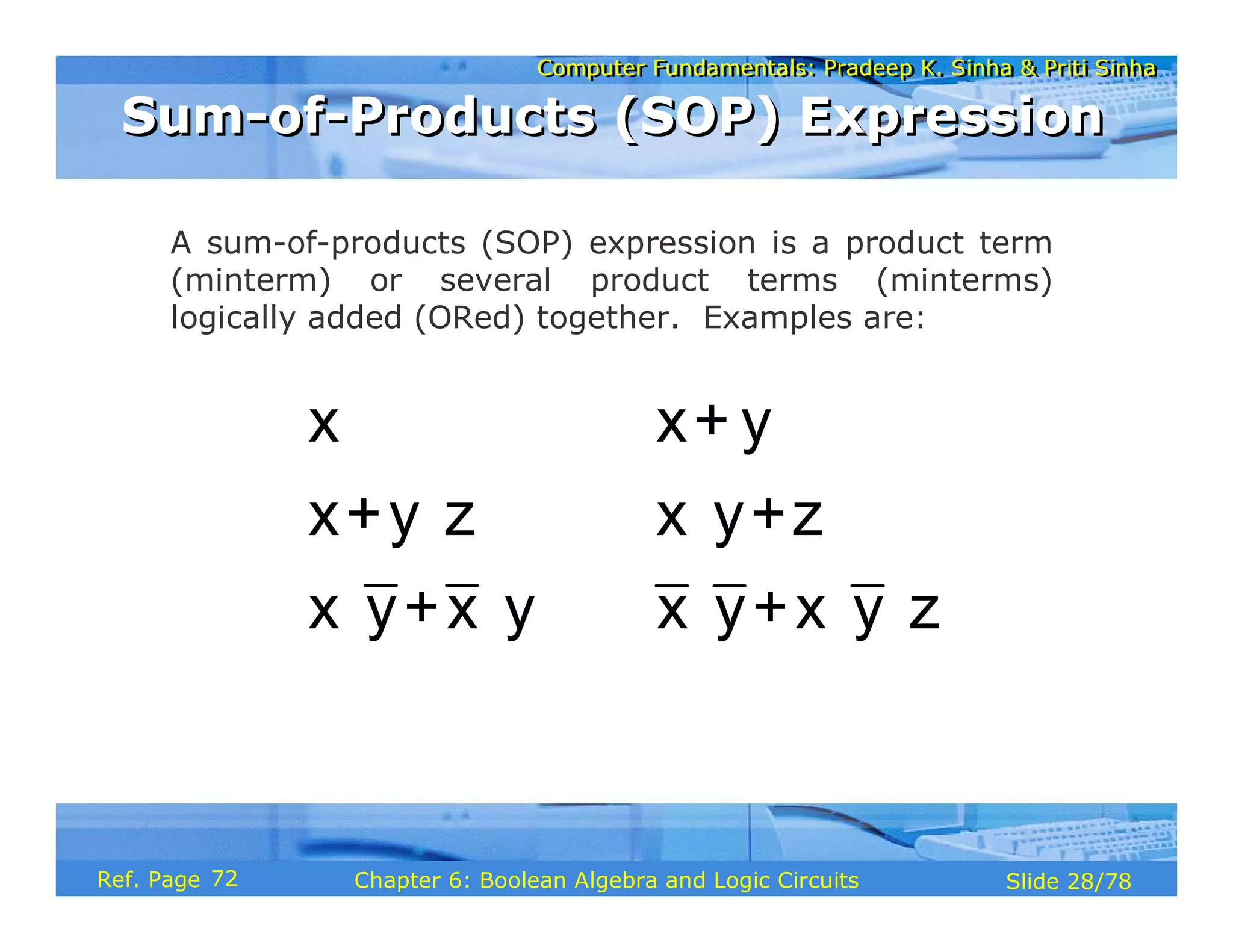 Computer Fundamentals: Pradeep K. Sinha & Priti Sinha
Computer Fundamentals: Pradeep K. Sinha & Priti Sinha
Slide 28/78
Chapter 6: Boolean Algebra and Logic Circuits
Ref. Page
A sum-of-products (SOP) expression is a product term
(minterm) or several product terms (minterms)
logically added (ORed) together. Examples are:
x
x+y z
x y+x y
⋅
⋅ ⋅
x+ y
x y+z
x y+x y z
⋅
⋅ ⋅ ⋅
Sum-of-Products (SOP) Expression
Sum-of-Products (SOP) Expression
72
 