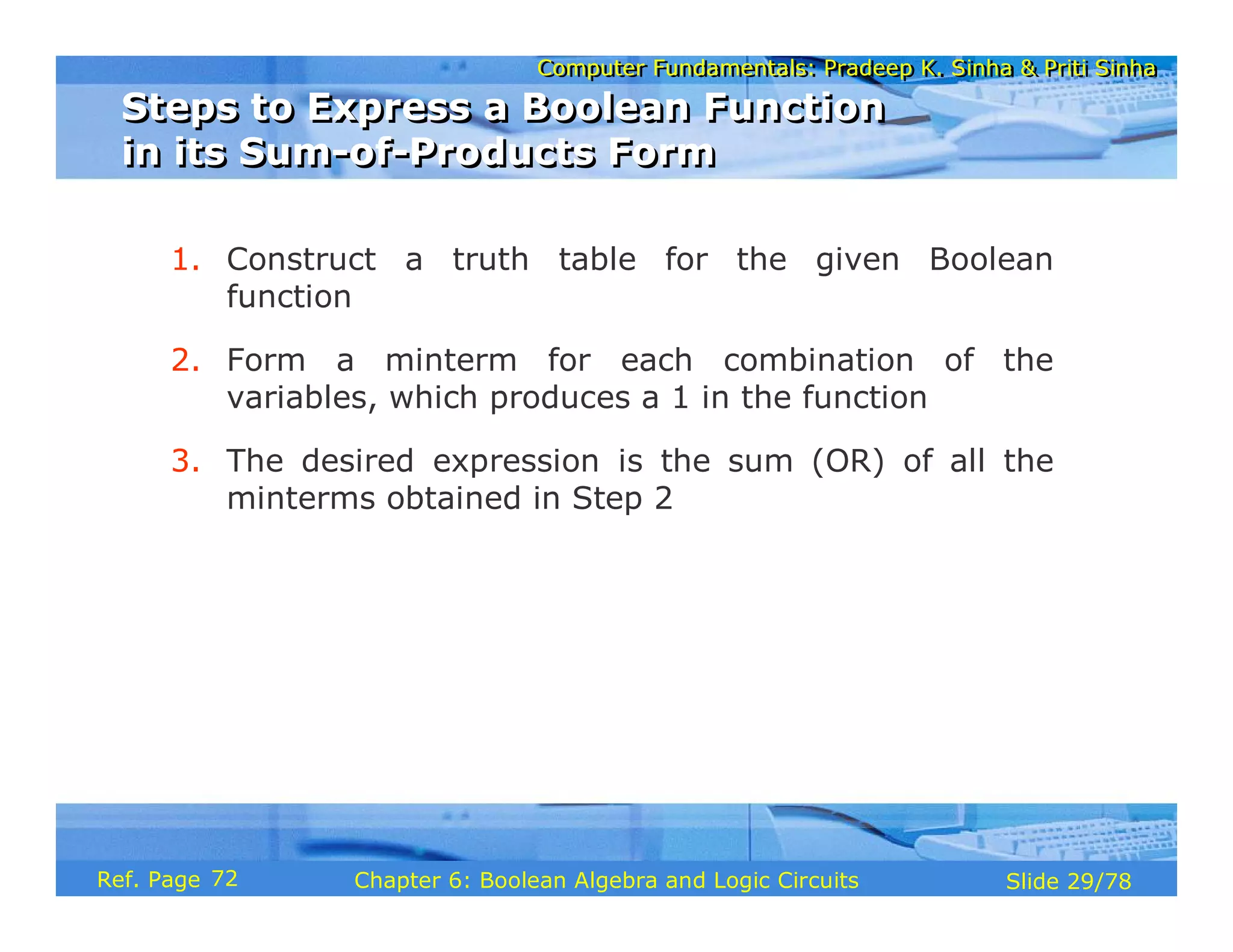 Computer Fundamentals: Pradeep K. Sinha & Priti Sinha
Computer Fundamentals: Pradeep K. Sinha & Priti Sinha
Slide 29/78
Chapter 6: Boolean Algebra and Logic Circuits
Ref. Page
1. Construct a truth table for the given Boolean
function
2. Form a minterm for each combination of the
variables, which produces a 1 in the function
3. The desired expression is the sum (OR) of all the
minterms obtained in Step 2
Steps to Express a Boolean Function
in its Sum-of-Products Form
Steps to Express a Boolean Function
in its Sum-of-Products Form
72
 