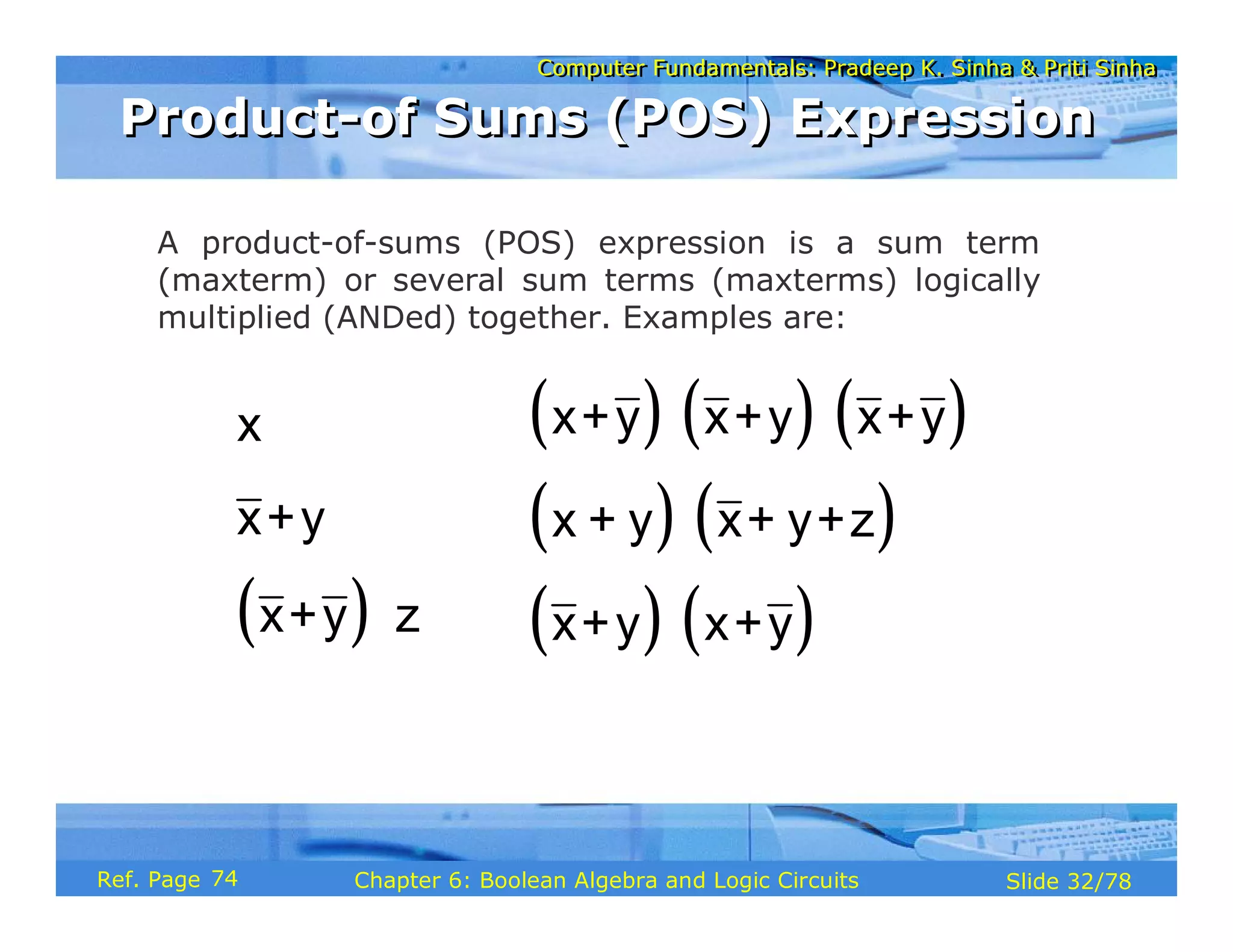 Computer Fundamentals: Pradeep K. Sinha & Priti Sinha
Computer Fundamentals: Pradeep K. Sinha & Priti Sinha
Slide 32/78
Chapter 6: Boolean Algebra and Logic Circuits
Ref. Page
A product-of-sums (POS) expression is a sum term
(maxterm) or several sum terms (maxterms) logically
multiplied (ANDed) together. Examples are:
( )
x
x+y
x+y z
⋅
( ) ( ) ( )
( ) ( )
( ) ( )
x+y x+y x+y
x + y x+ y+z
x+y x+y
⋅ ⋅
⋅
⋅
Product-of Sums (POS) Expression
Product-of Sums (POS) Expression
74
 