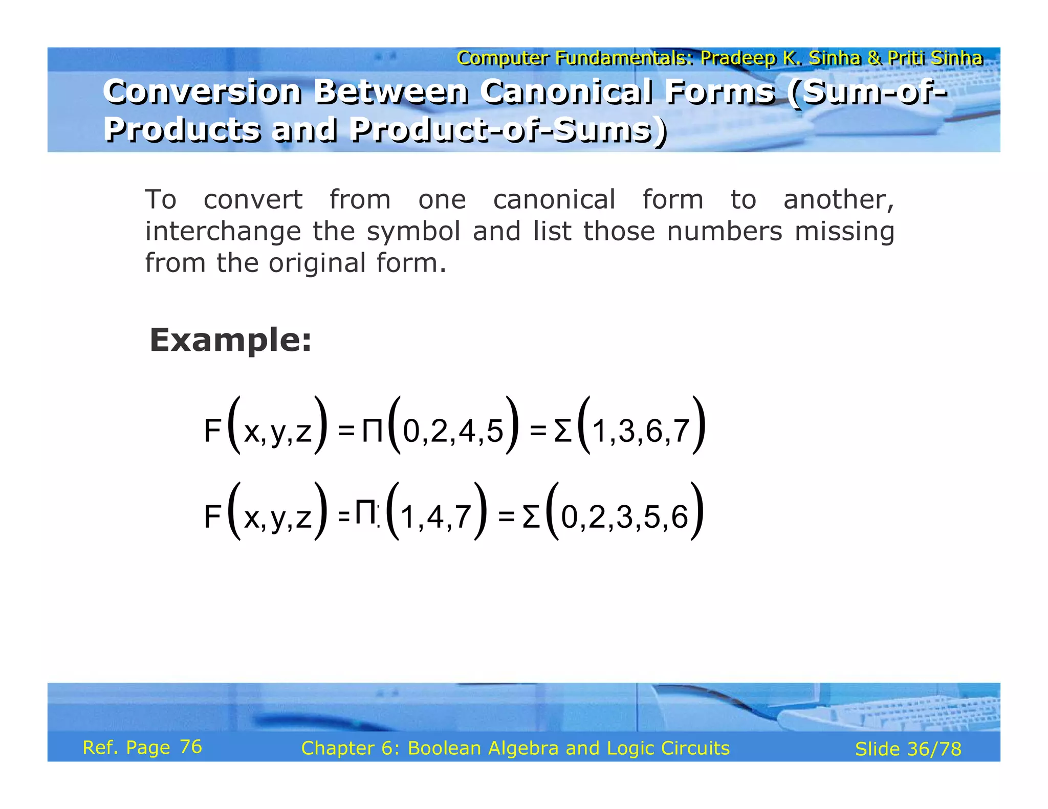 Computer Fundamentals: Pradeep K. Sinha & Priti Sinha
Computer Fundamentals: Pradeep K. Sinha & Priti Sinha
Slide 36/78
Chapter 6: Boolean Algebra and Logic Circuits
Ref. Page
To convert from one canonical form to another,
interchange the symbol and list those numbers missing
from the original form.
Example:
( ) ( ) ( )
( ) ( ) ( )
F x,y,z = Π 0,2,4,5 = Σ 1,3,6,7
F x,y,z = Σ 1,4,7 = Σ 0,2,3,5,6
Conversion Between Canonical Forms (Sum-of-
Products and Product-of-Sums)
Conversion Between Canonical Forms (Sum-of-
Products and Product-of-Sums)
76
 