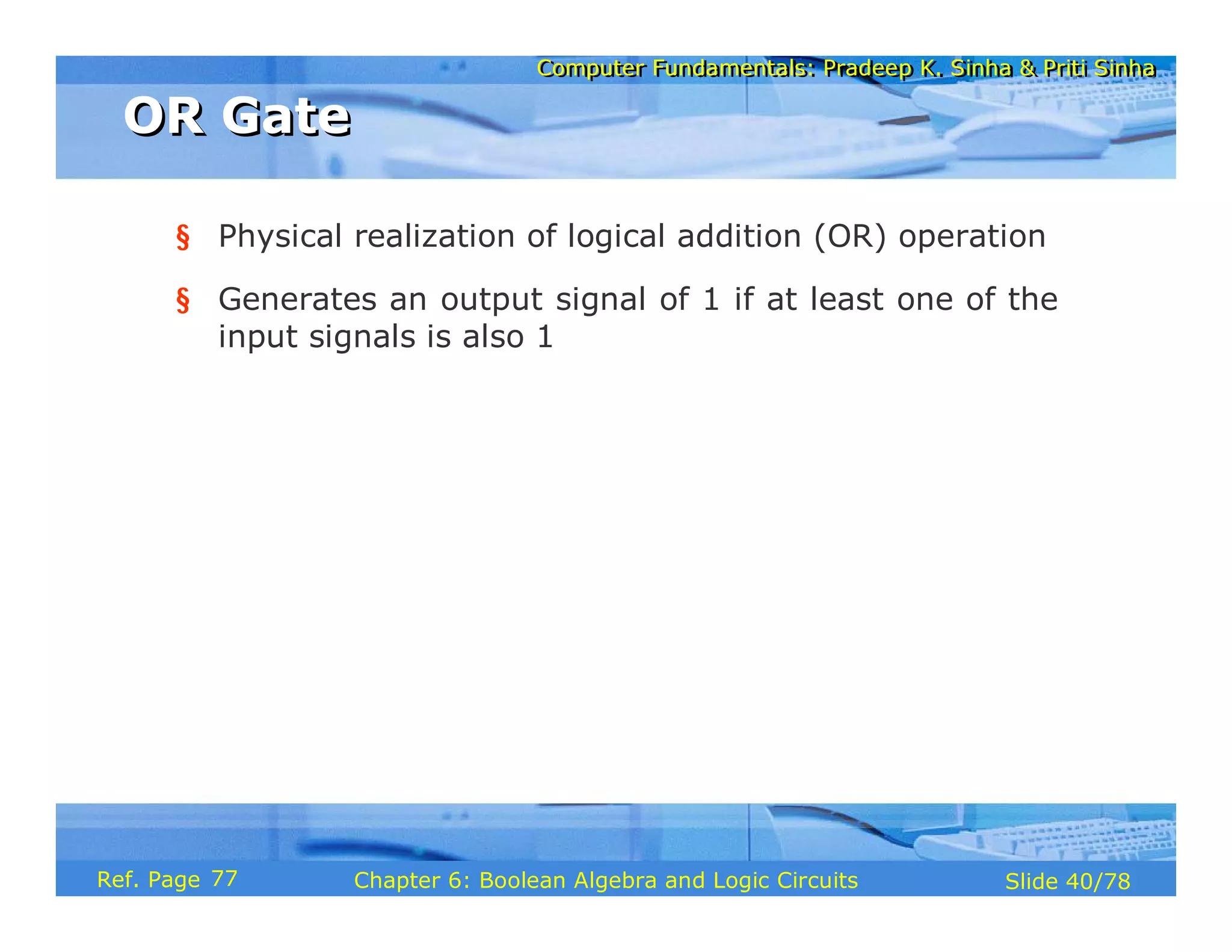 Computer Fundamentals: Pradeep K. Sinha & Priti Sinha
Computer Fundamentals: Pradeep K. Sinha & Priti Sinha
Slide 40/78
Chapter 6: Boolean Algebra and Logic Circuits
Ref. Page
§ Physical realization of logical addition (OR) operation
§ Generates an output signal of 1 if at least one of the
input signals is also 1
OR Gate
OR Gate
77
 