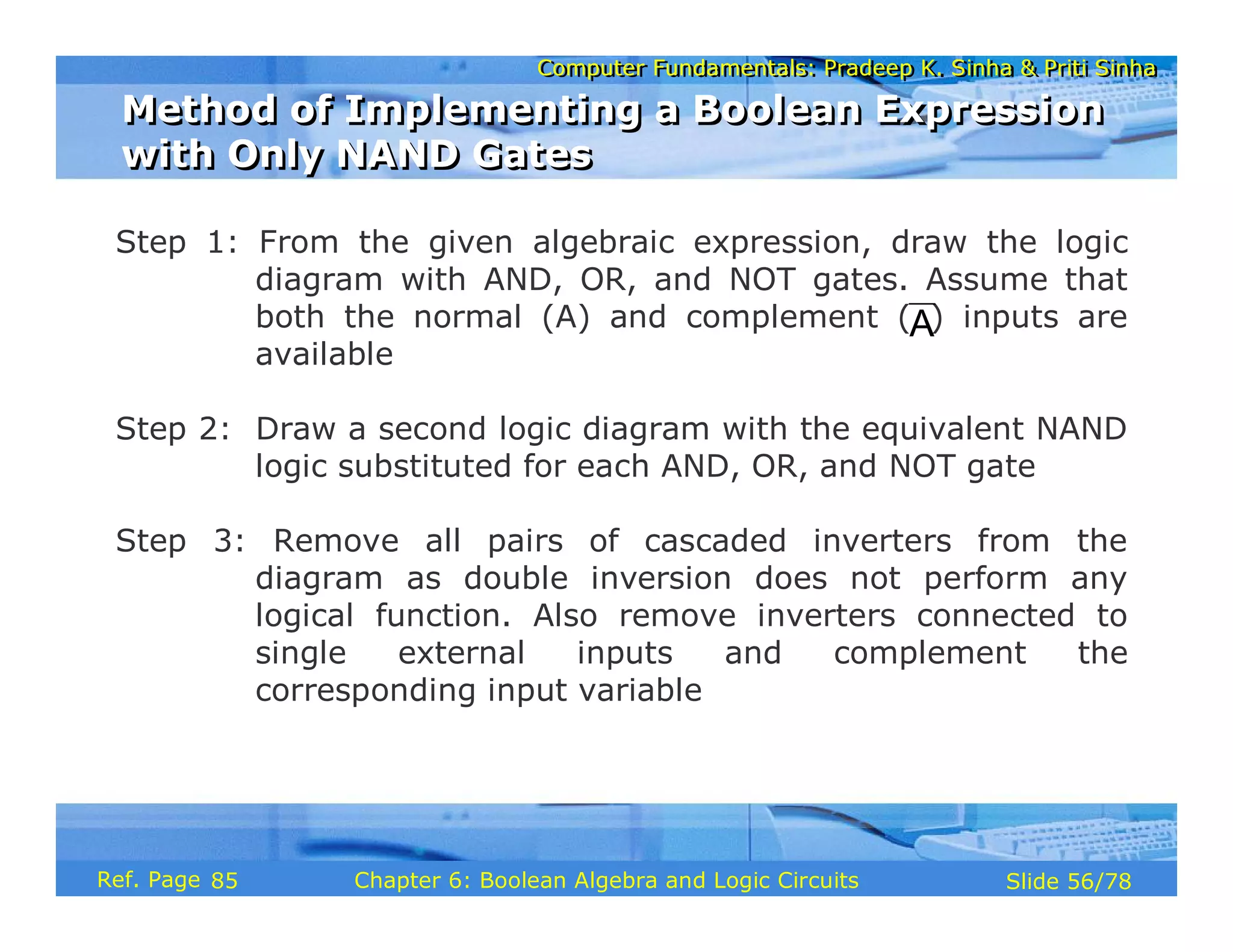 Computer Fundamentals: Pradeep K. Sinha & Priti Sinha
Computer Fundamentals: Pradeep K. Sinha & Priti Sinha
Slide 56/78
Chapter 6: Boolean Algebra and Logic Circuits
Ref. Page
Step 1: From the given algebraic expression, draw the logic
diagram with AND, OR, and NOT gates. Assume that
both the normal (A) and complement ( ) inputs are
available
Step 2: Draw a second logic diagram with the equivalent NAND
logic substituted for each AND, OR, and NOT gate
Step 3: Remove all pairs of cascaded inverters from the
diagram as double inversion does not perform any
logical function. Also remove inverters connected to
single external inputs and complement the
corresponding input variable
A
Method of Implementing a Boolean Expression
with Only NAND Gates
Method of Implementing a Boolean Expression
with Only NAND Gates
85
 