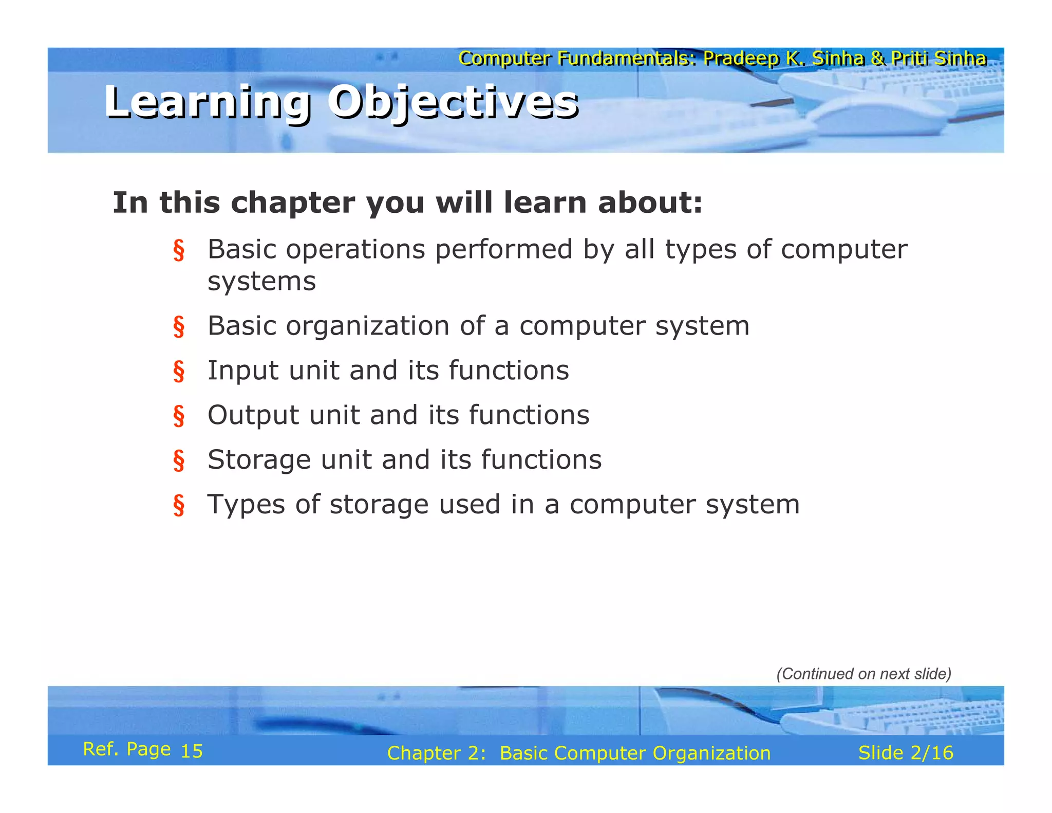 Computer Fundamentals: Pradeep K. Sinha & Priti Sinha
Computer Fundamentals: Pradeep K. Sinha & Priti Sinha
Slide 2/16
Chapter 2: Basic Computer Organization
Ref. Page
In this chapter you will learn about:
§ Basic operations performed by all types of computer
systems
§ Basic organization of a computer system
§ Input unit and its functions
§ Output unit and its functions
§ Storage unit and its functions
§ Types of storage used in a computer system
Learning Objectives
Learning Objectives
(Continued on next slide)
15
 