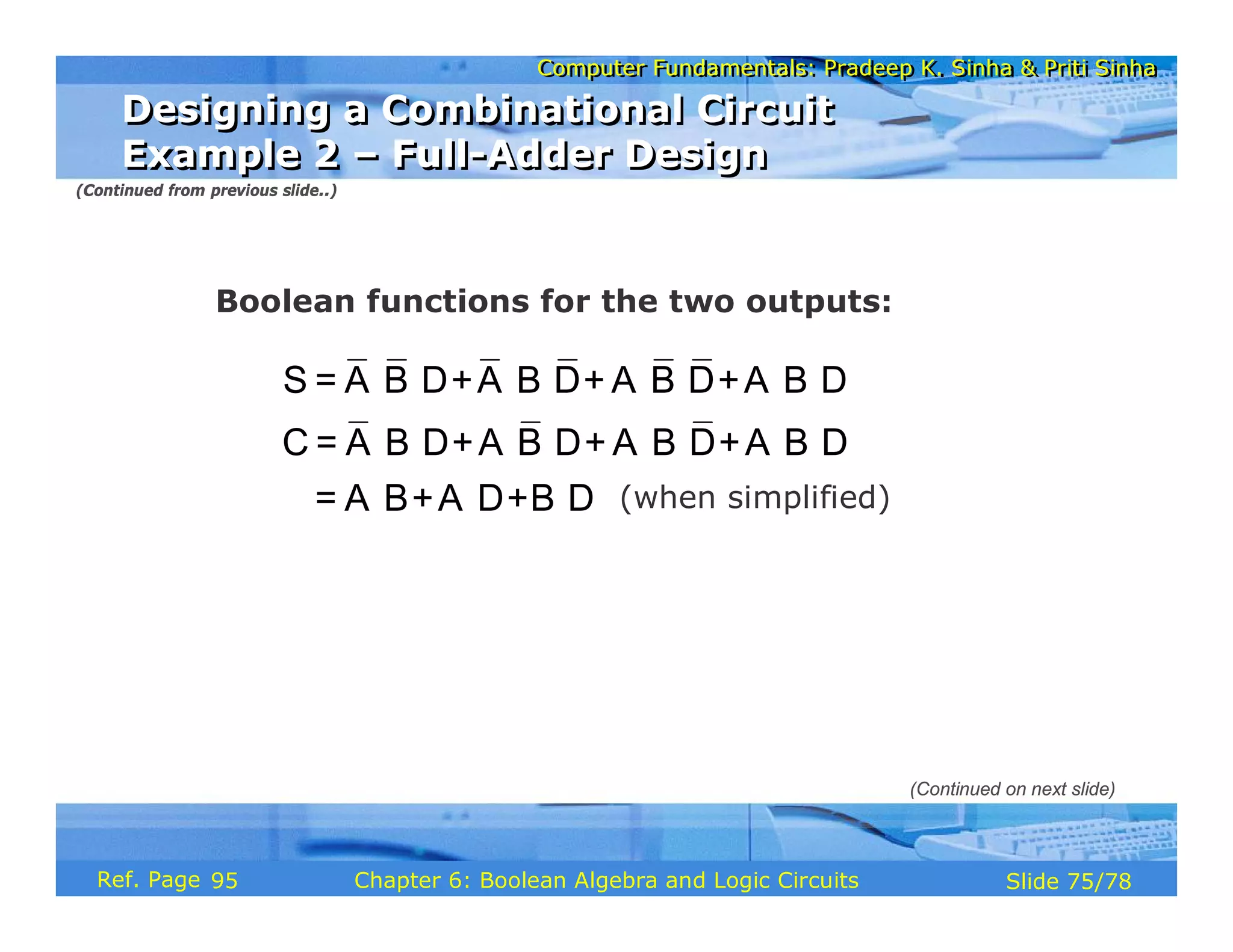 Computer Fundamentals: Pradeep K. Sinha & Priti Sinha
Computer Fundamentals: Pradeep K. Sinha & Priti Sinha
Slide 75/78
Chapter 6: Boolean Algebra and Logic Circuits
Ref. Page
S = A B D+A B D+ A B D+A B D
⋅ ⋅ ⋅ ⋅ ⋅ ⋅ ⋅ ⋅
C = A B D+A B D+ A B D+A B D
⋅ ⋅ ⋅ ⋅ ⋅ ⋅ ⋅ ⋅
= A B+A D+B D
⋅ ⋅ ⋅ (when simplified)
Boolean functions for the two outputs:
Designing a Combinational Circuit
Example 2 – Full-Adder Design
Designing a Combinational Circuit
Example 2 – Full-Adder Design
(Continued from previous slide..)
(Continued on next slide)
95
 