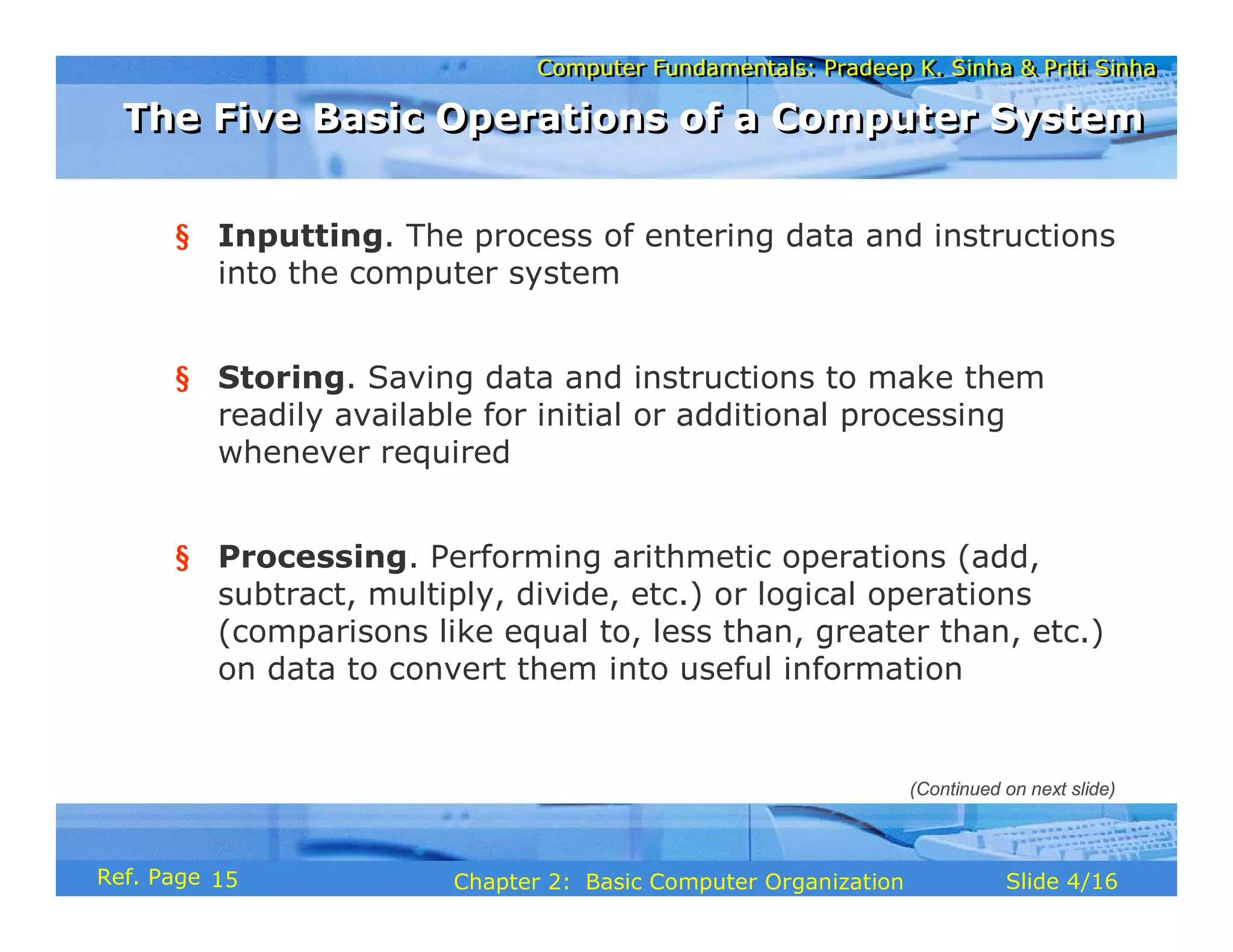 Computer Fundamentals: Pradeep K. Sinha & Priti Sinha
Computer Fundamentals: Pradeep K. Sinha & Priti Sinha
Slide 4/16
Chapter 2: Basic Computer Organization
Ref. Page
§ Inputting. The process of entering data and instructions
into the computer system
§ Storing. Saving data and instructions to make them
readily available for initial or additional processing
whenever required
§ Processing. Performing arithmetic operations (add,
subtract, multiply, divide, etc.) or logical operations
(comparisons like equal to, less than, greater than, etc.)
on data to convert them into useful information
The Five Basic Operations of a Computer System
The Five Basic Operations of a Computer System
(Continued on next slide)
15
 