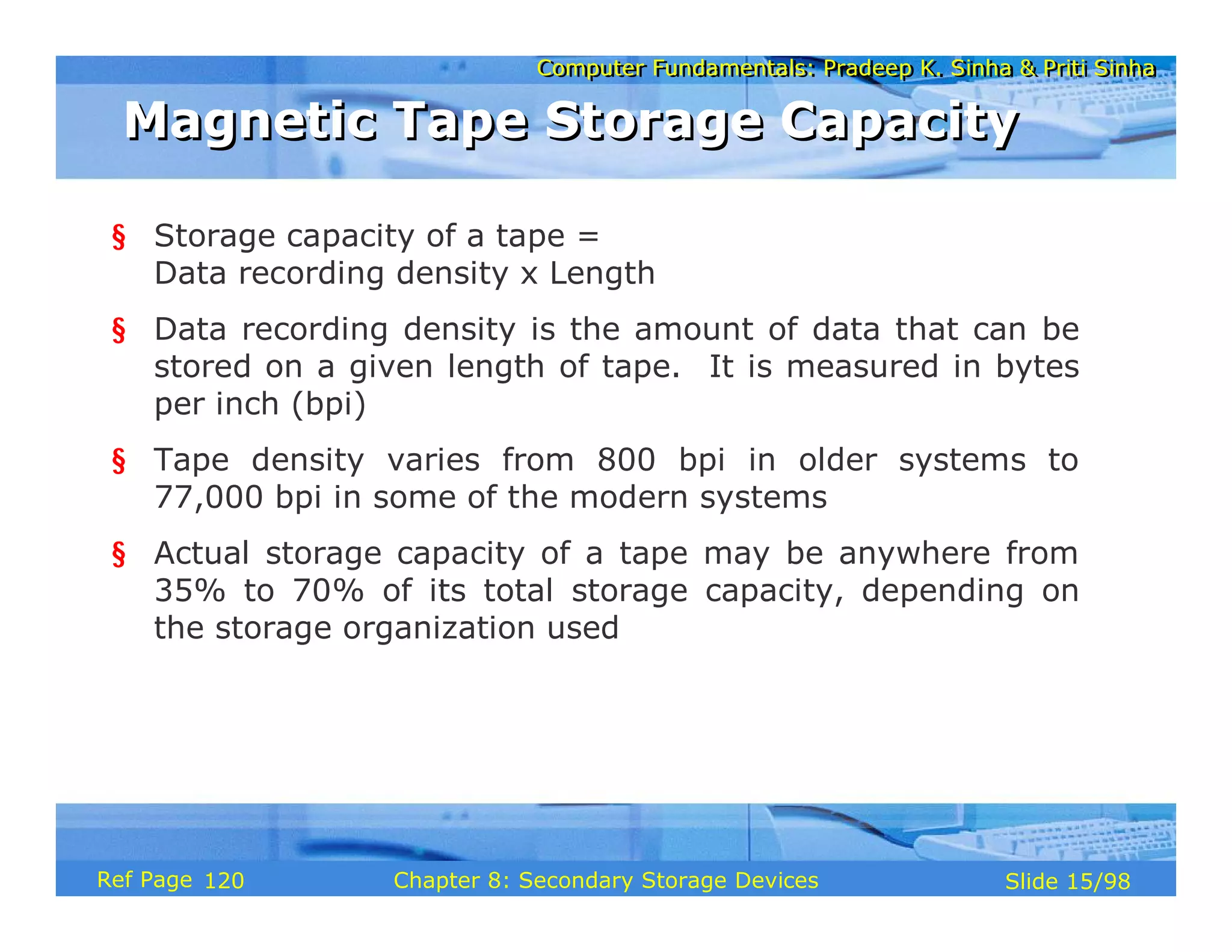 Computer Fundamentals: Pradeep K. Sinha & Priti Sinha
Computer Fundamentals: Pradeep K. Sinha & Priti Sinha
Slide 15/98
Chapter 8: Secondary Storage Devices
Ref Page
§ Storage capacity of a tape =
Data recording density x Length
§ Data recording density is the amount of data that can be
stored on a given length of tape. It is measured in bytes
per inch (bpi)
§ Tape density varies from 800 bpi in older systems to
77,000 bpi in some of the modern systems
§ Actual storage capacity of a tape may be anywhere from
35% to 70% of its total storage capacity, depending on
the storage organization used
Magnetic Tape Storage Capacity
Magnetic Tape Storage Capacity
120
 